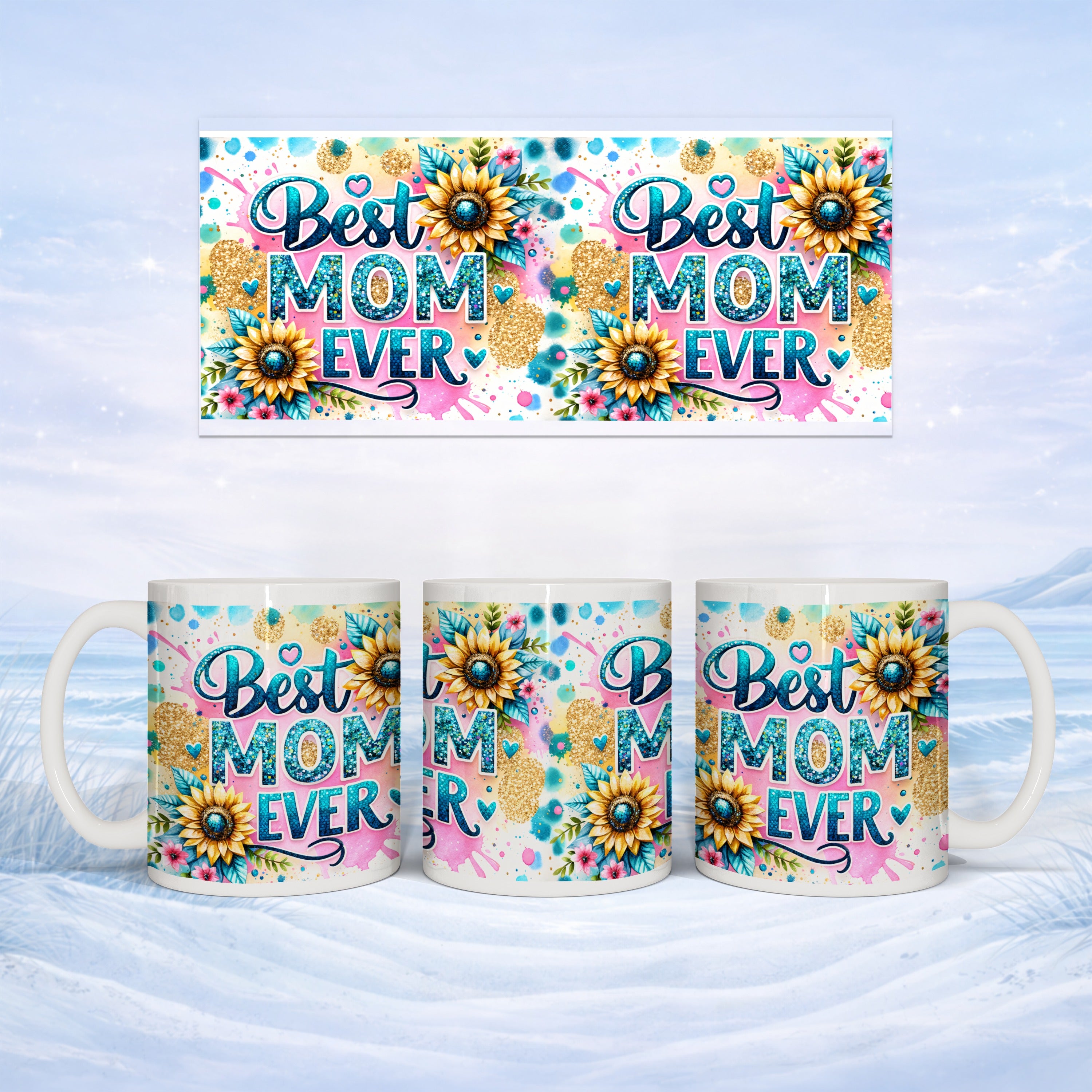 White mug with "Best Mom Ever" and sunflower design.