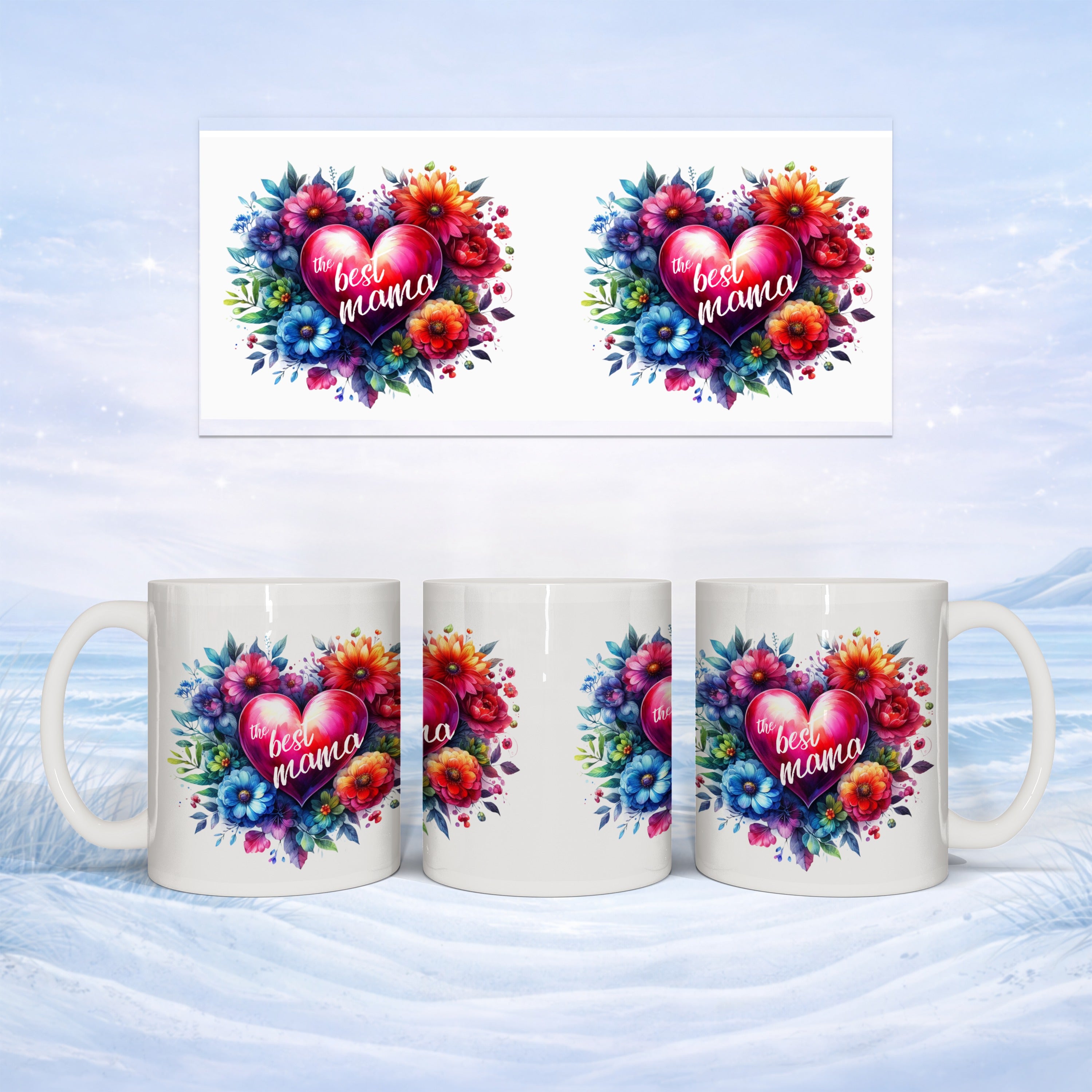 Floral heart with "the best mama" text on three white mugs.