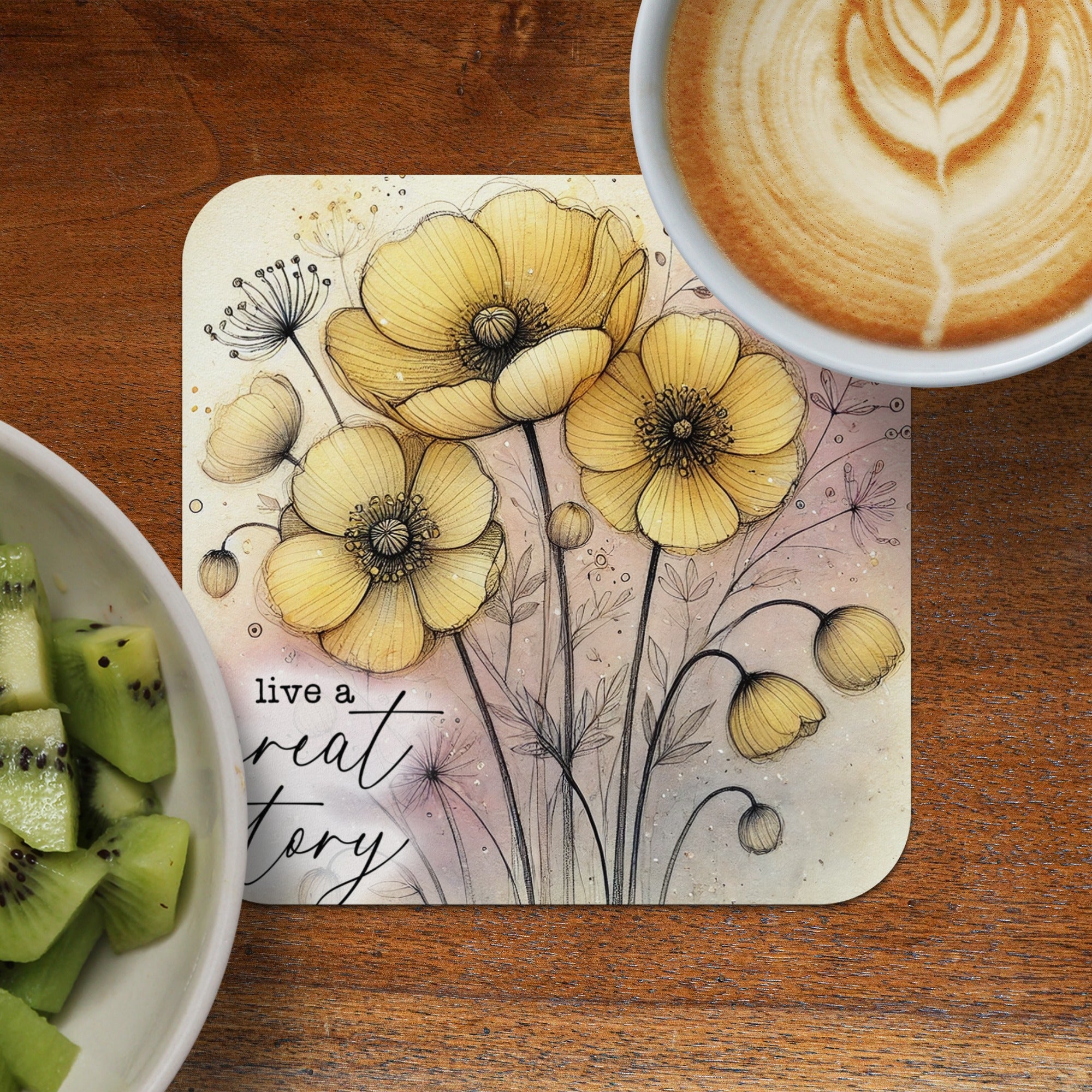Yellow anemone flowers with watercolor accents and text "live a great story".