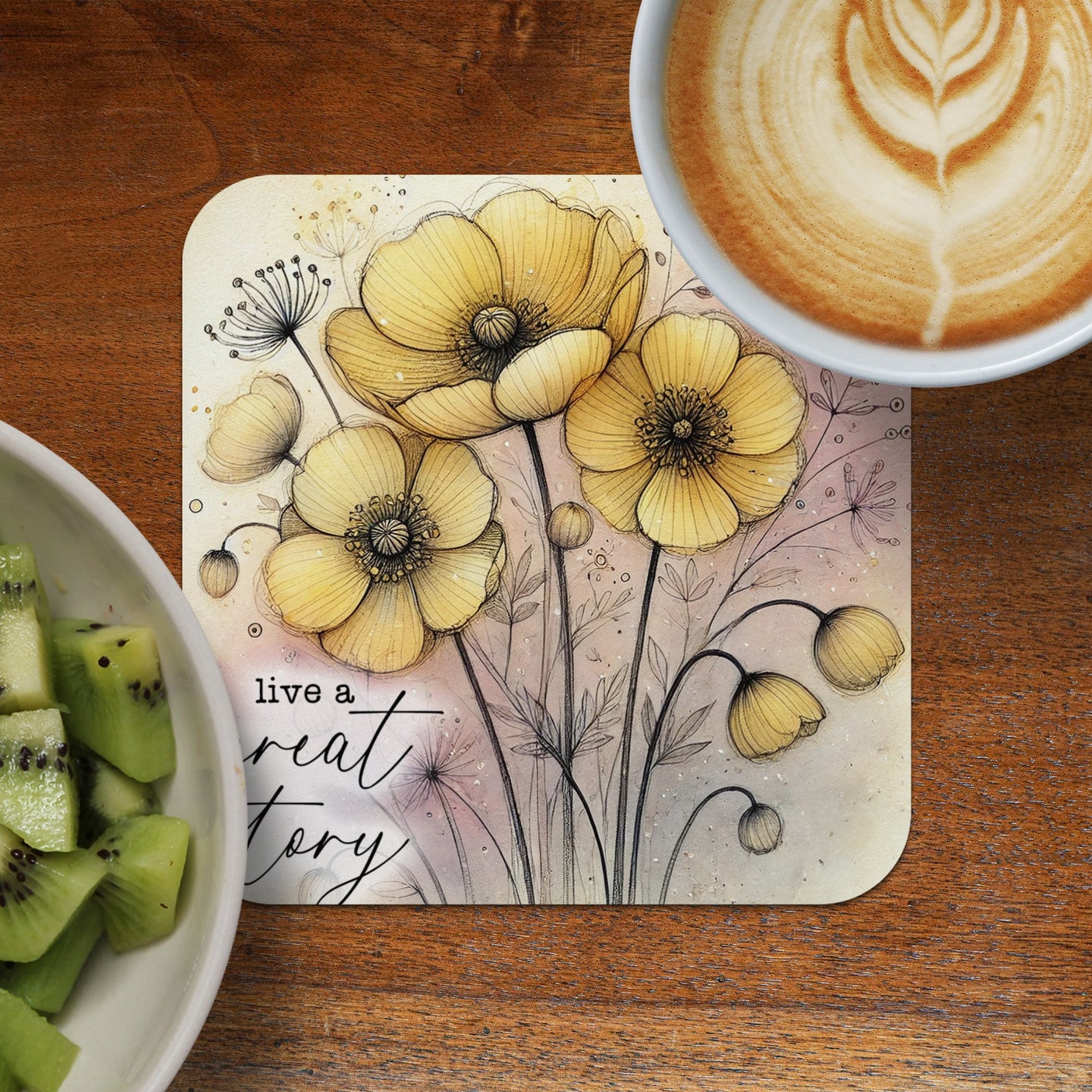 Yellow anemone flowers with watercolor accents and text "live a great story".