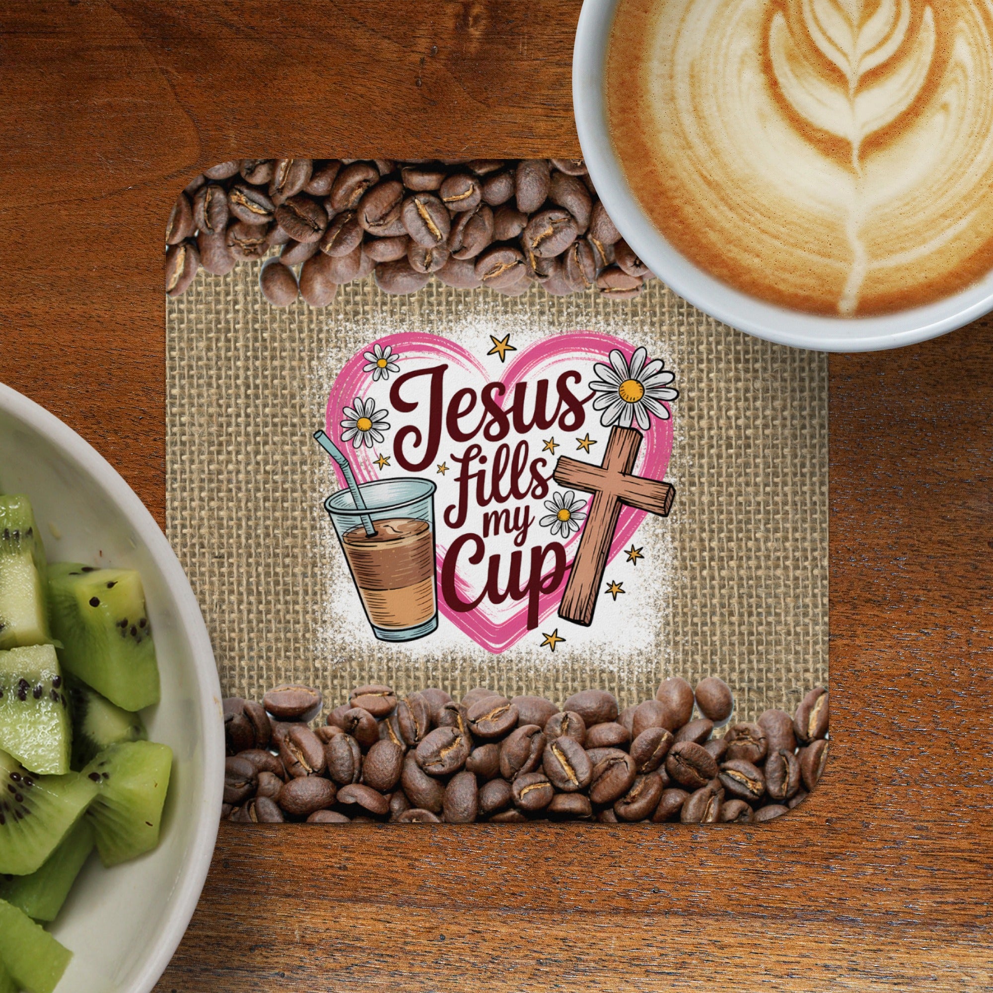 Heart with Jesus fills my cup design on coffee bean background with coffee and kiwi.