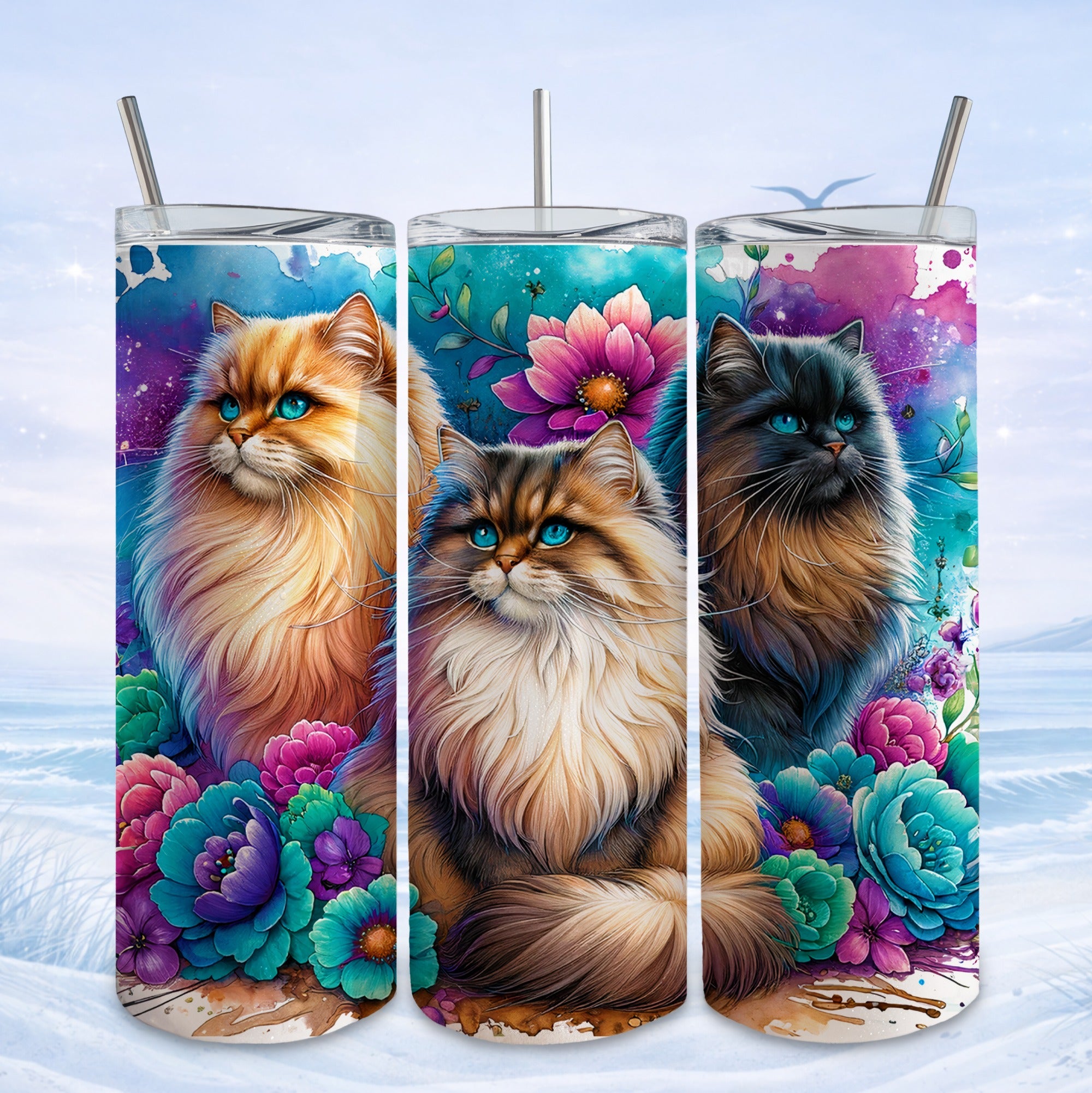 Three Persian cats among vibrant flowers and colorful abstract background.