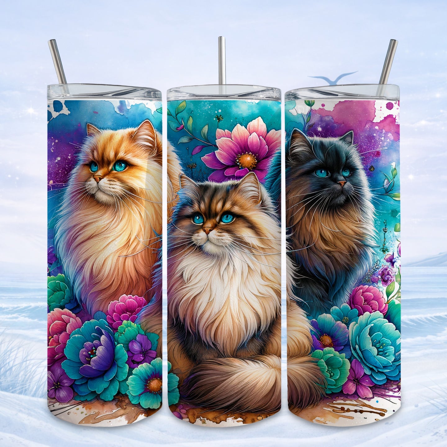 Three Persian cats among vibrant flowers and colorful abstract background.