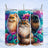 Three Persian cats among vibrant flowers and colorful abstract background.