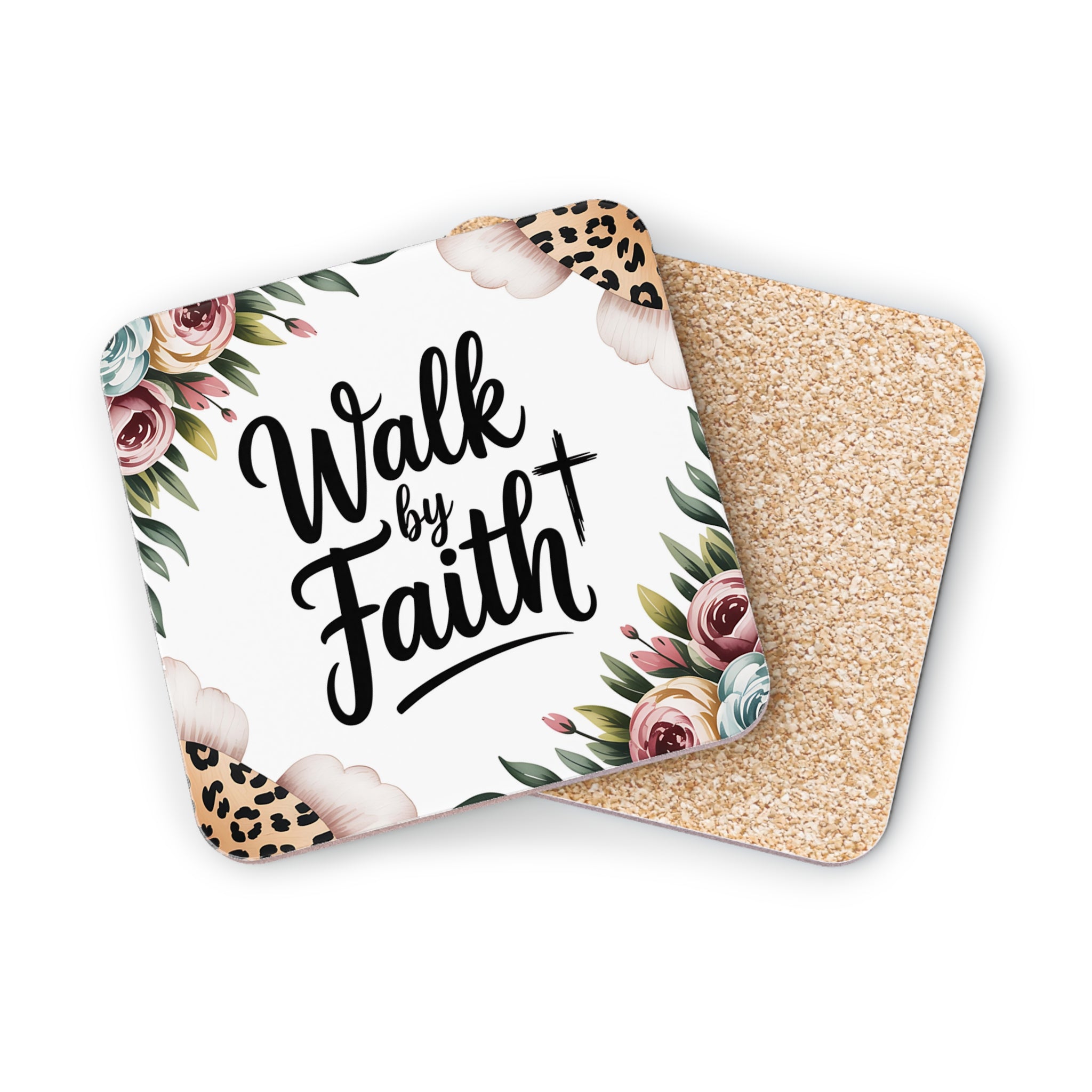 Coasters with "Walk by Faith" text, floral accents, and leopard print.
