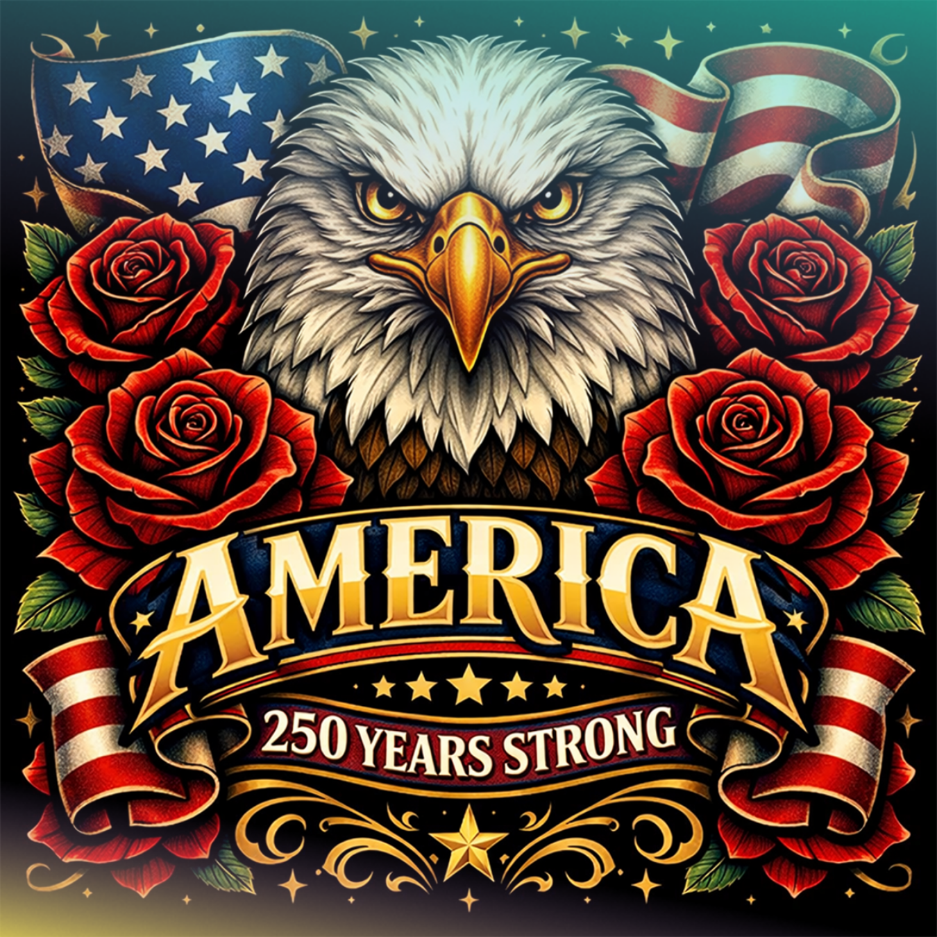Bald eagle with American flag and roses, text "AMERICA 250 YEARS STRONG".