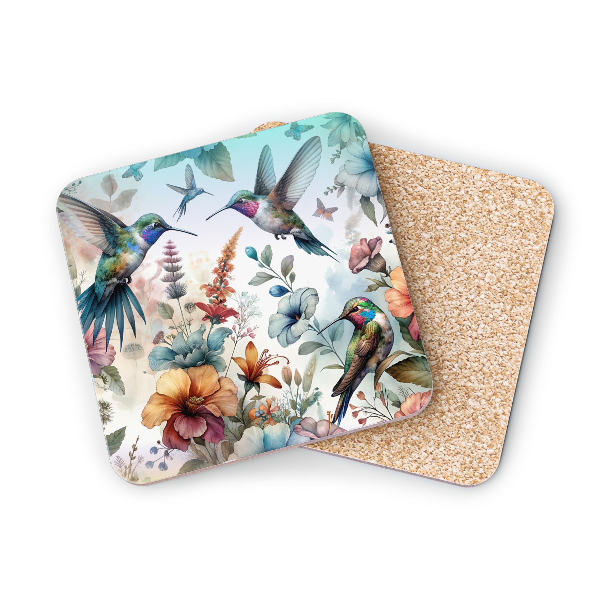 Coasters with hummingbirds and colorful flowers on a light background.