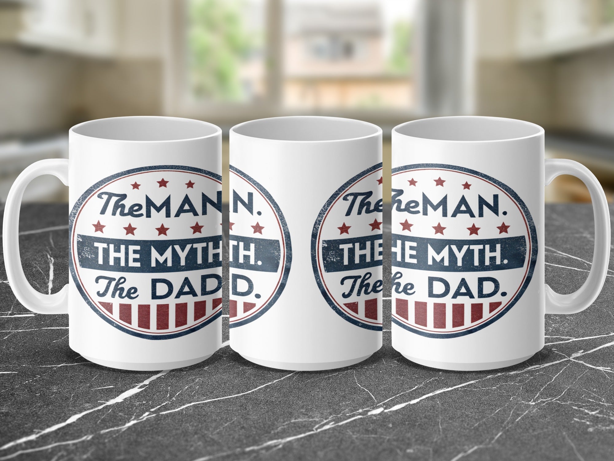 Mug with "The MAN. The MYTH. The DAD." text in red, white, and blue.