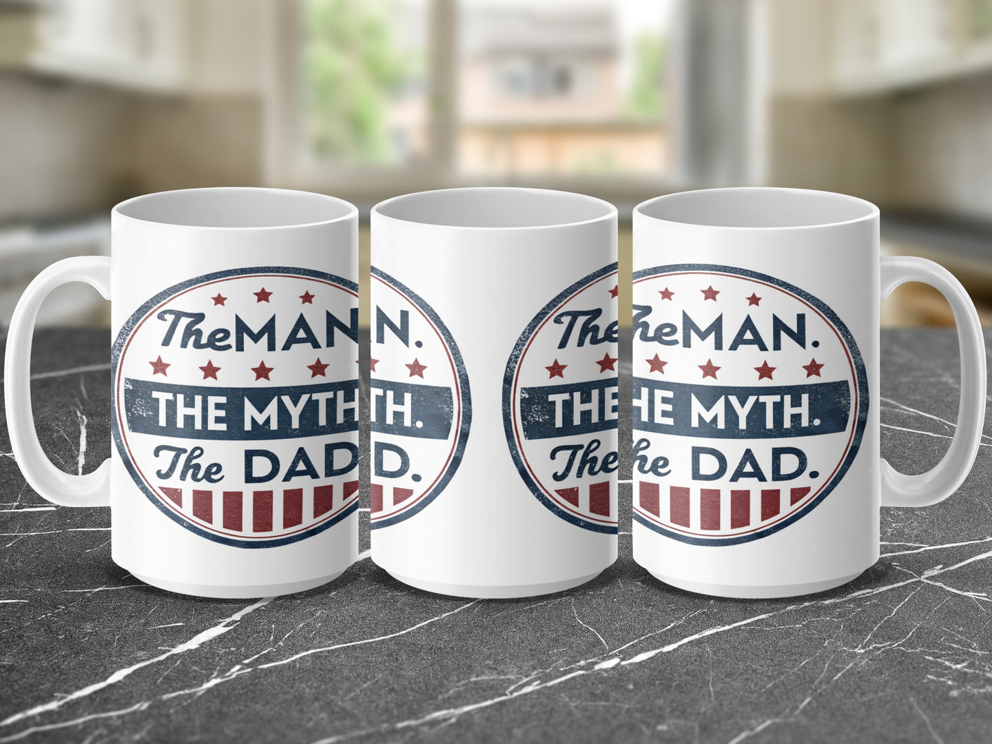 Mug with "The MAN. The MYTH. The DAD." text in red, white, and blue.