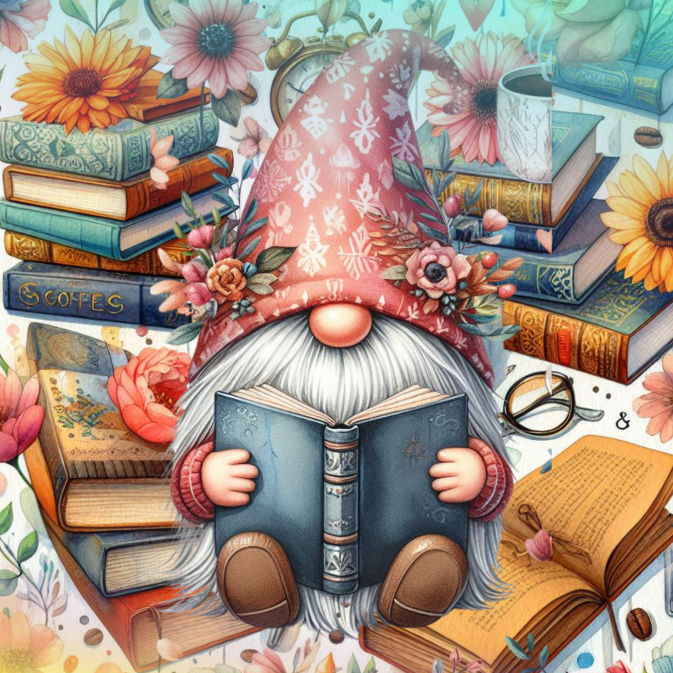 Gnome reading a book surrounded by flowers and stacks of antique books.