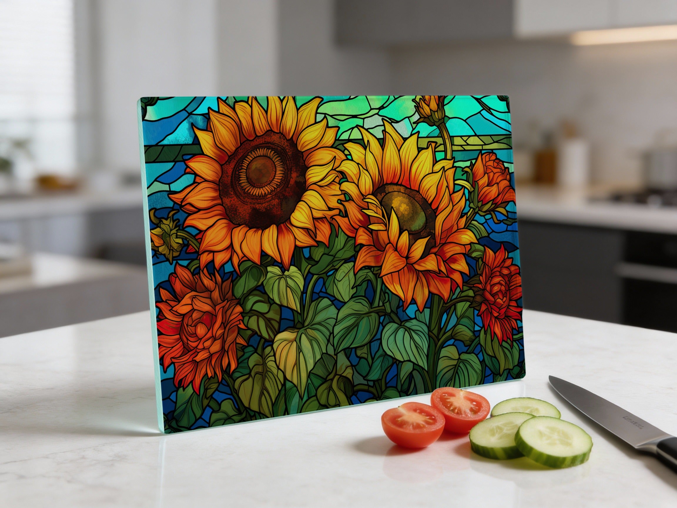 Glass cutting board with vibrant sunflowers and green leaves.