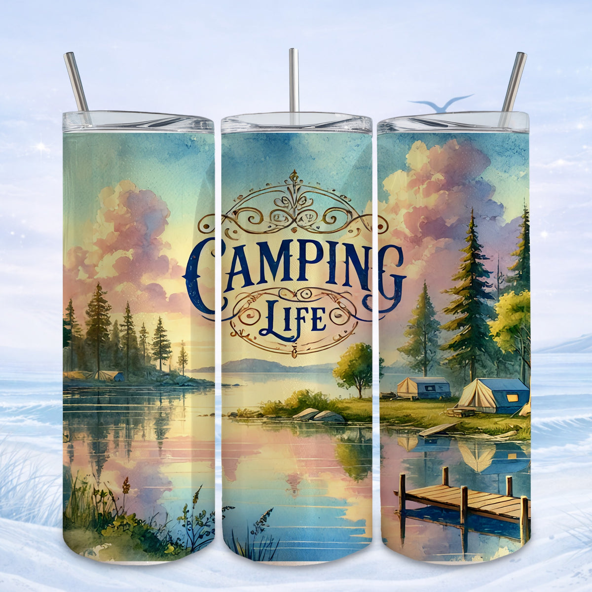 Watercolor camping scene with tents and lake, "Camping Life" text.