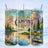 Watercolor camping scene with tents and lake, "Camping Life" text.