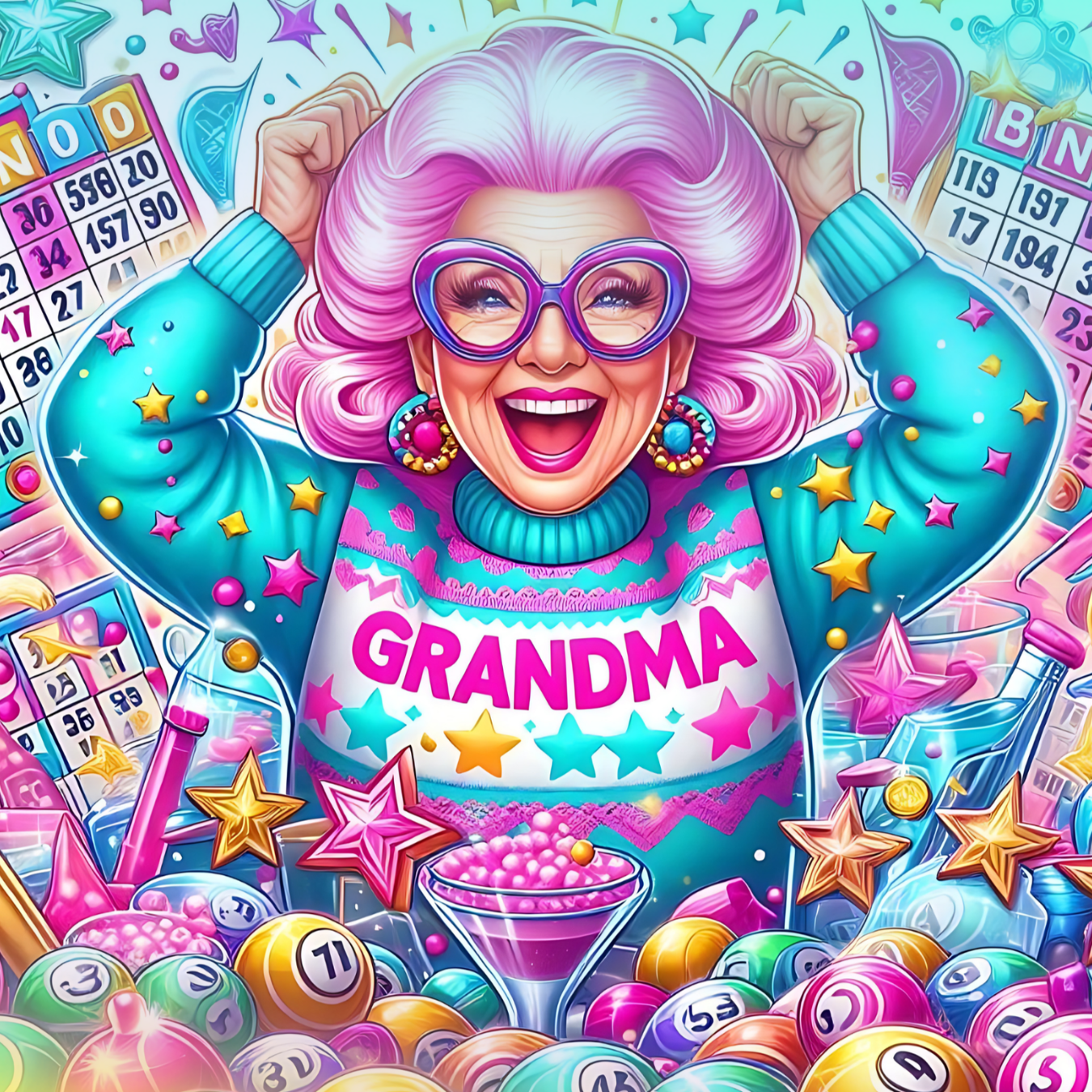 Joyful grandma with pink hair and "GRANDMA" sweater surrounded by bingo balls and lottery tickets.