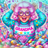 Joyful grandma with pink hair and "GRANDMA" sweater surrounded by bingo balls and lottery tickets.