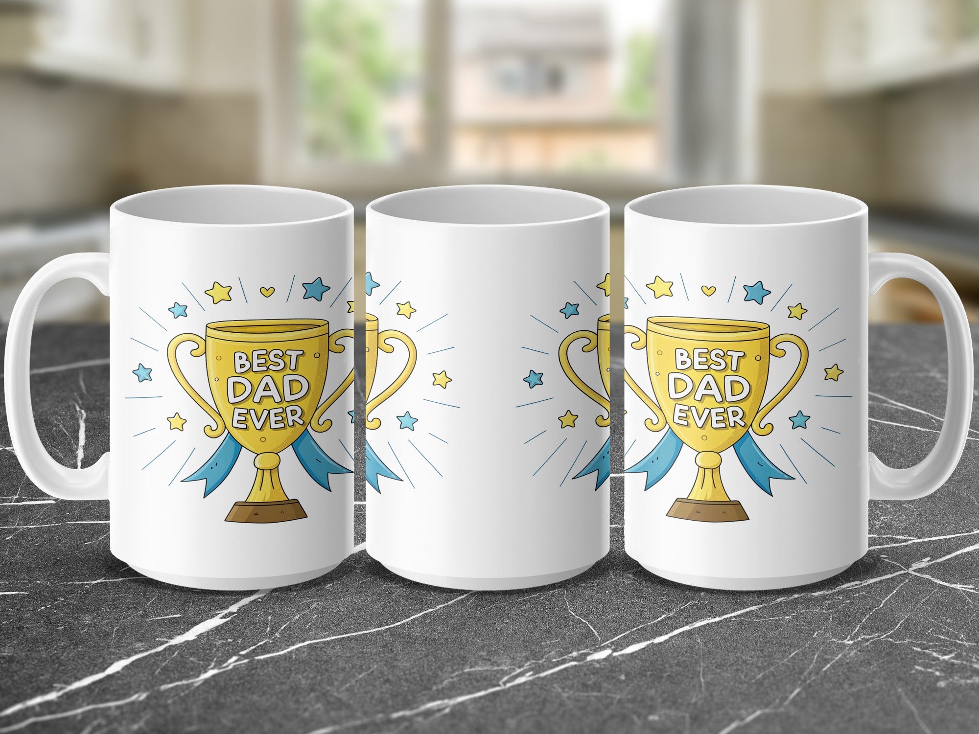 Three white mugs displayed, each with "BEST DAD EVER" and trophy graphic.