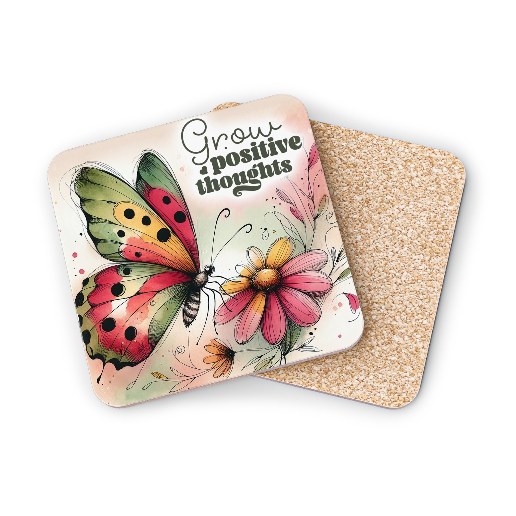 Coaster with watercolor butterfly and pink flower, text "Grow positive thoughts".