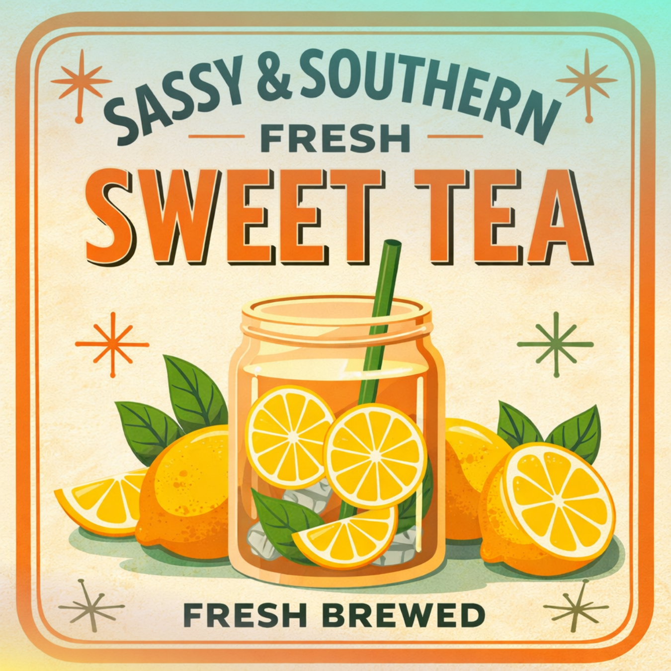Jar of sweet tea with lemons and text "Sassy & Southern Fresh Sweet Tea".