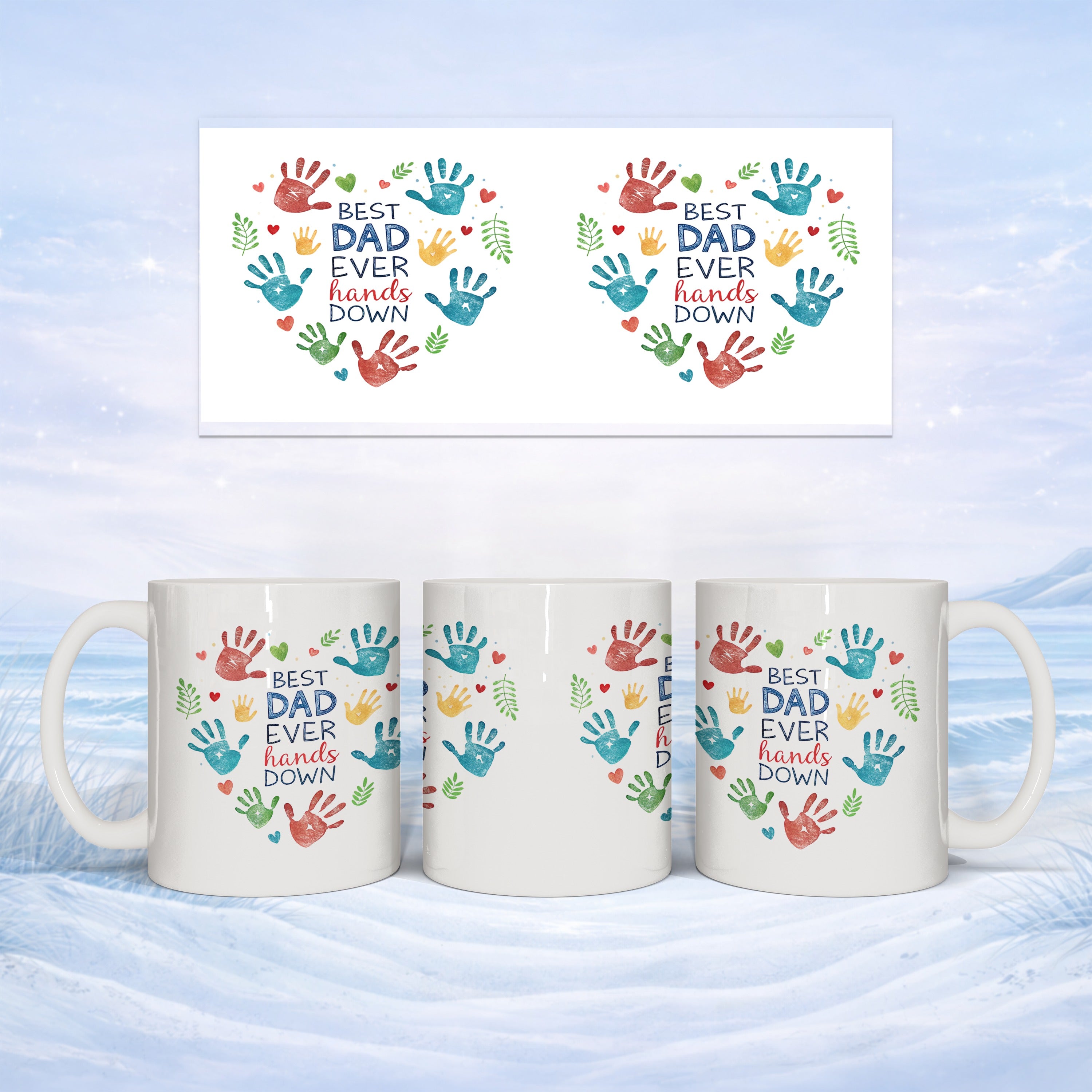 White mugs with "BEST DAD EVER hands DOWN" in colorful handprints.