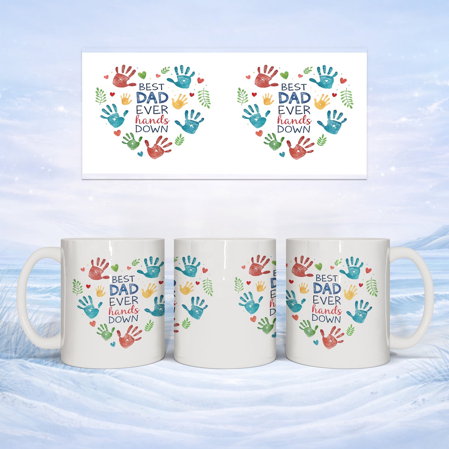 White mugs with "BEST DAD EVER hands DOWN" in colorful handprints.