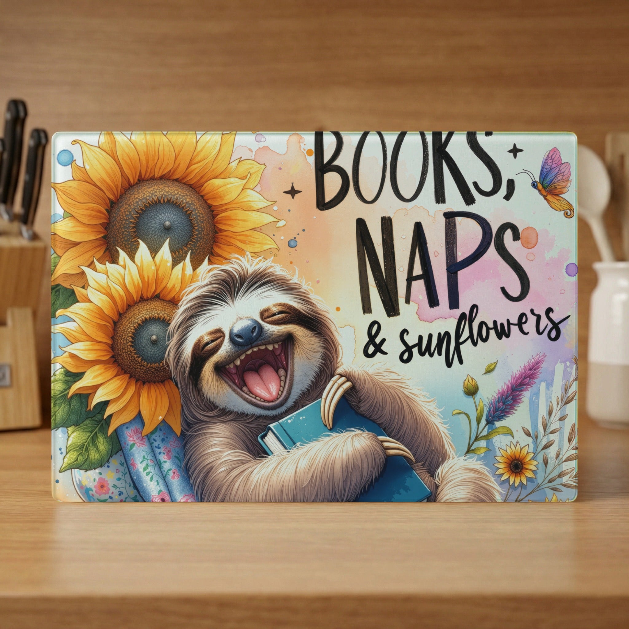 Smiling sloth hugging a book with sunflowers and text "Books, Naps & Sunflowers".