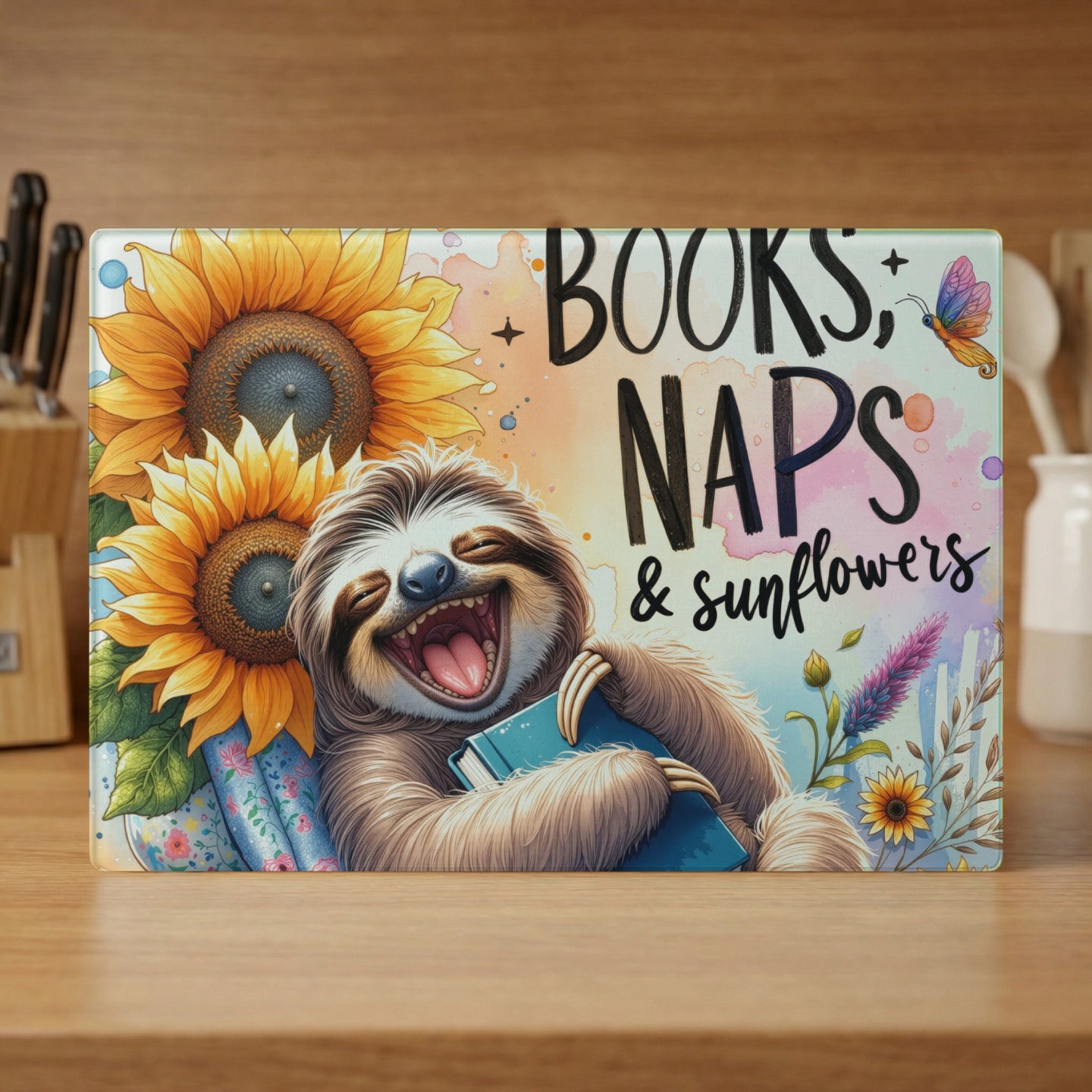 Smiling sloth hugging a book with sunflowers and text "Books, Naps & Sunflowers".