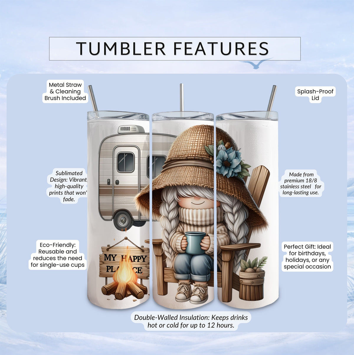 Tumbler with camper and gnome, featuring "My Happy Place" text.