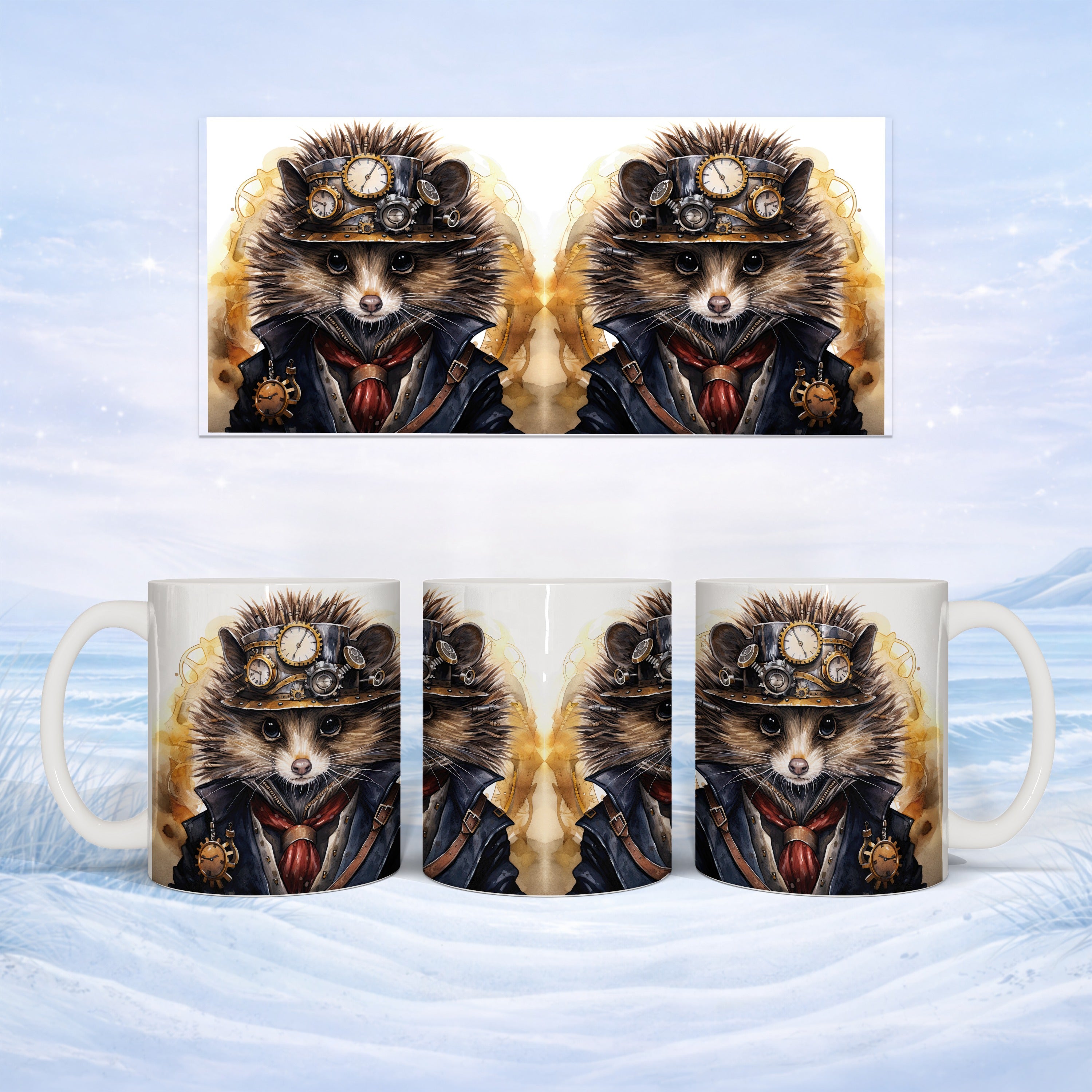 Steampunk hedgehog wearing goggles and a tie on a mug.
