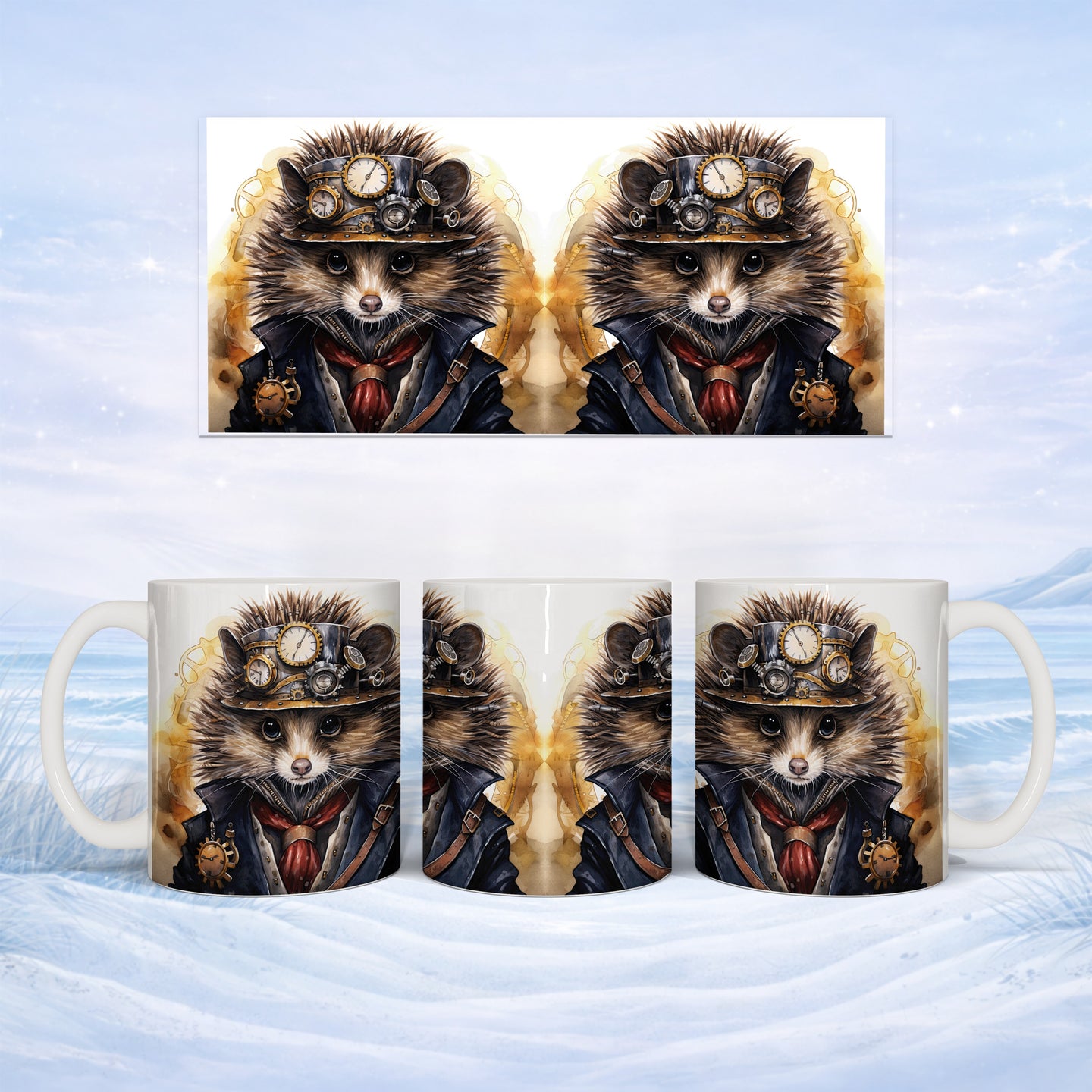 Steampunk hedgehog wearing goggles and a tie on a mug.