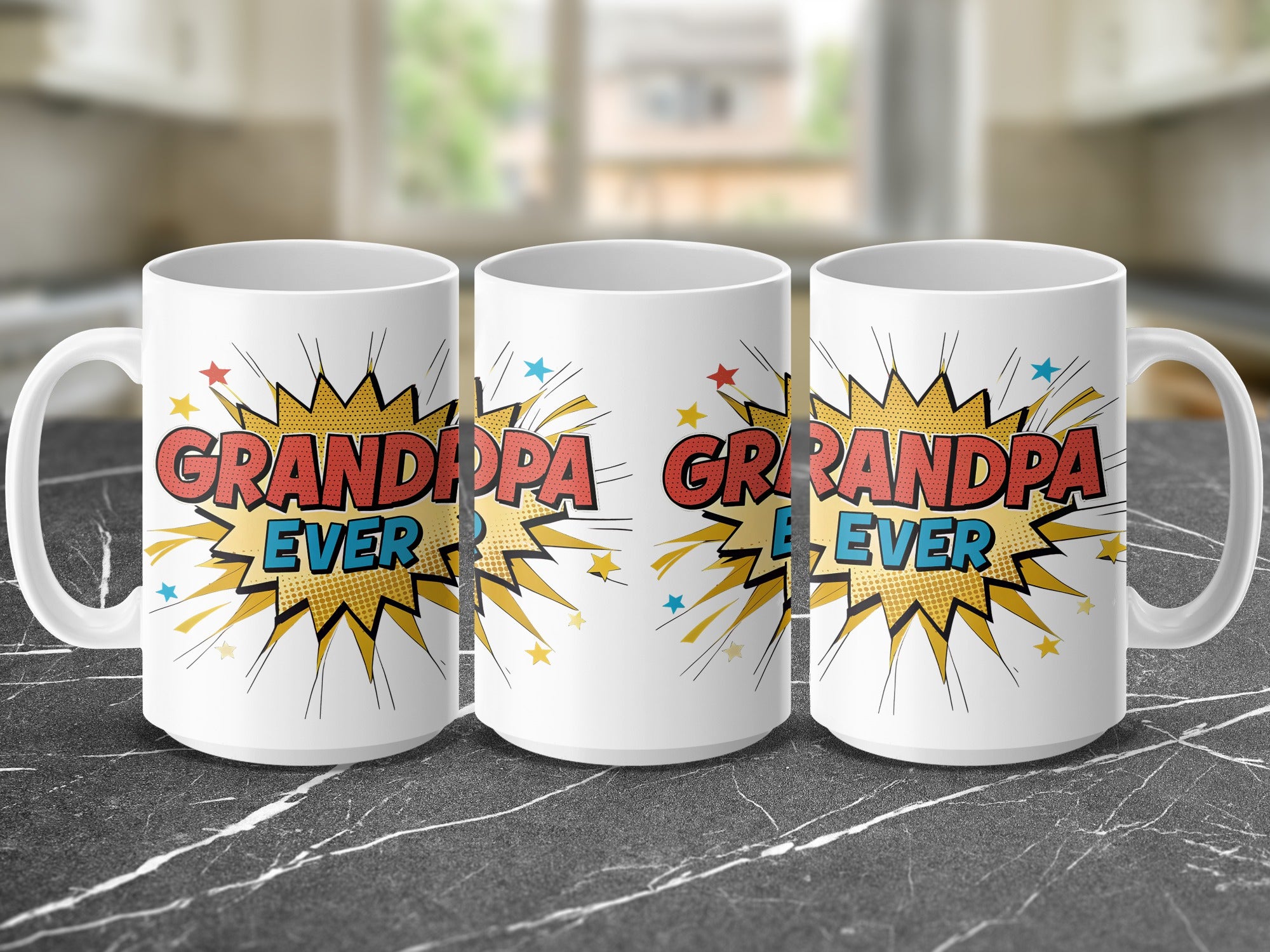 Three white mugs with "GRANDPA EVER" in a comic book style.