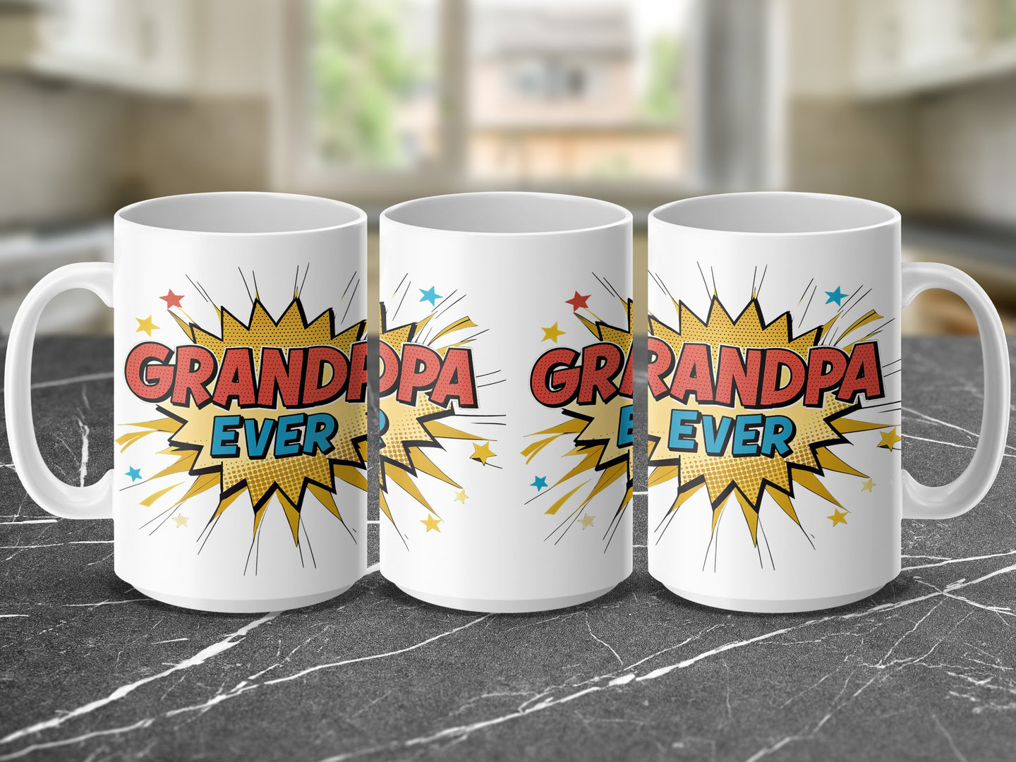 Three white mugs with "GRANDPA EVER" in a comic book style.