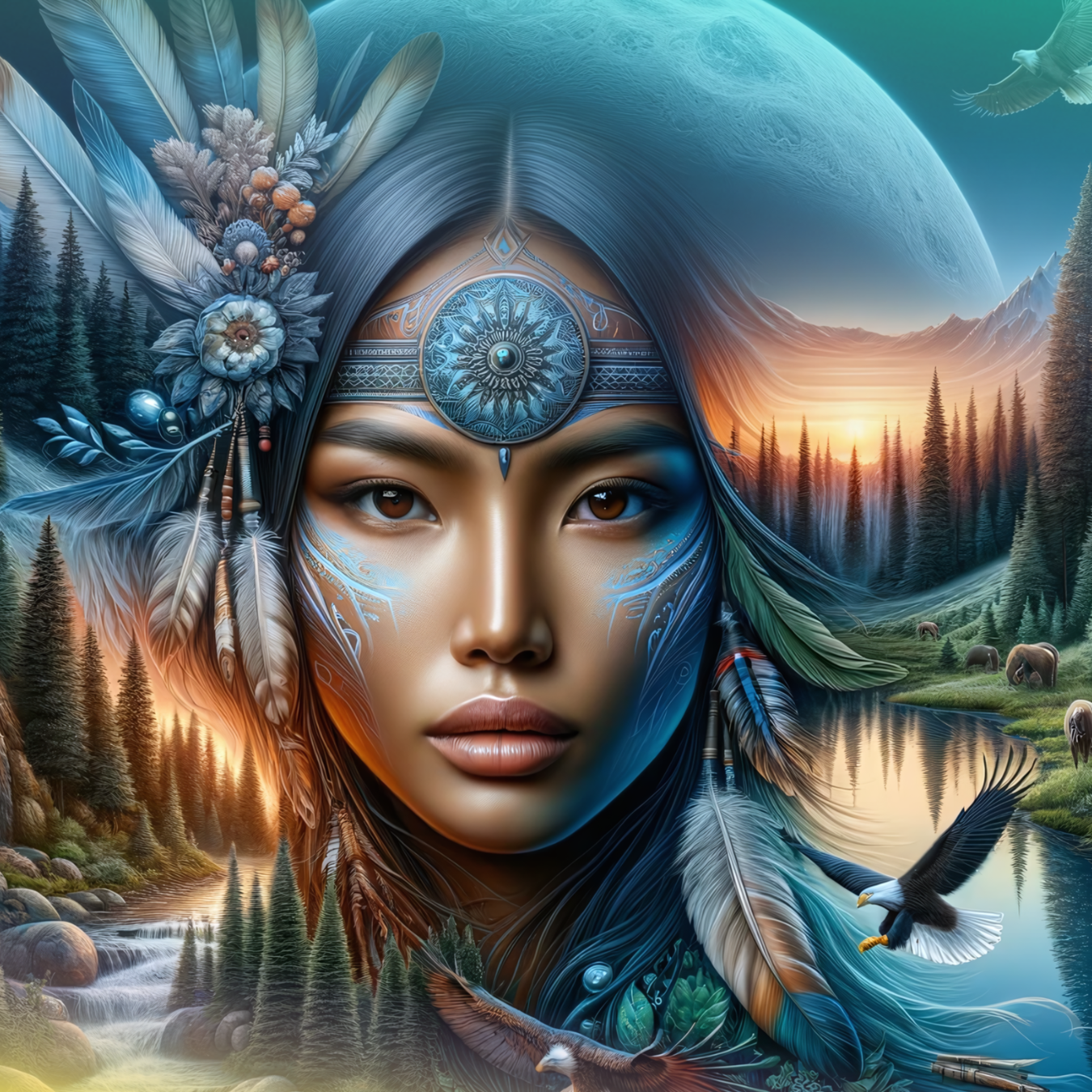 Native American woman with war paint, feathers, and a scenic landscape.
