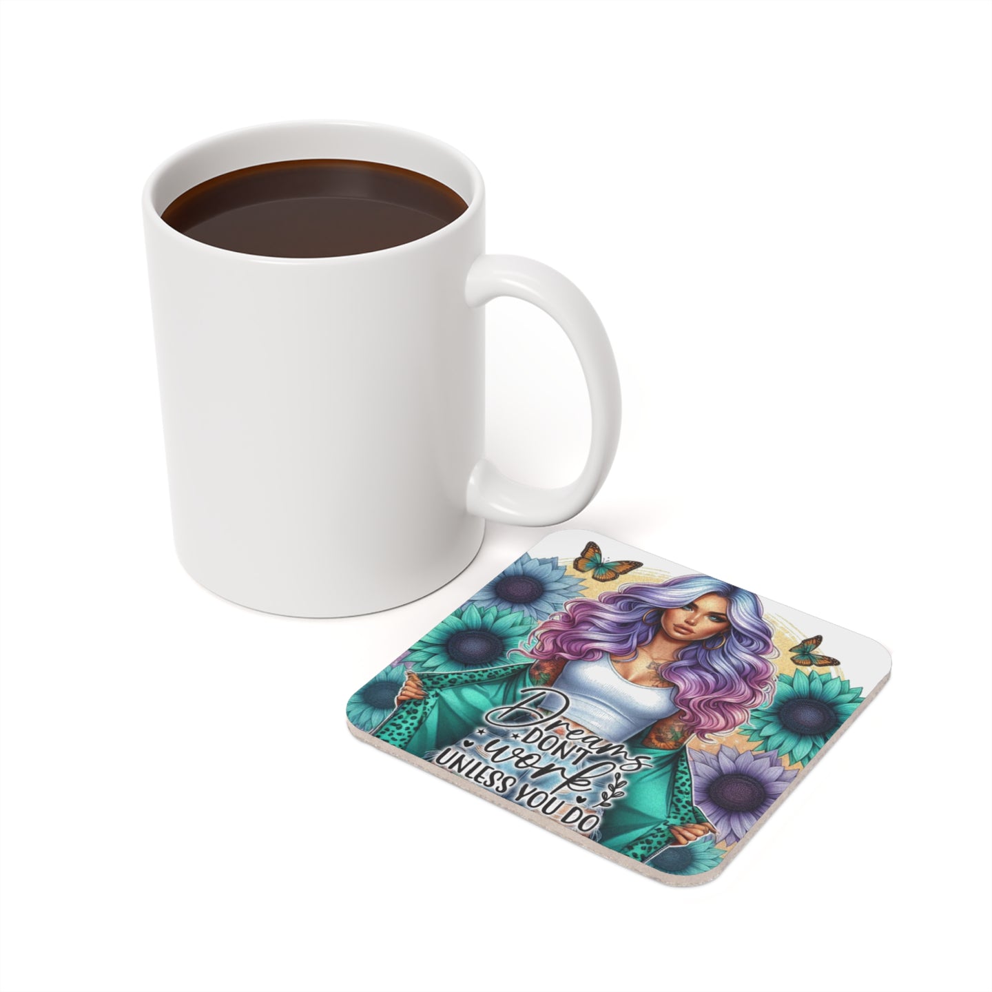 Coaster with tattooed woman and sunflowers, "Dream Big" text, next to coffee mug.