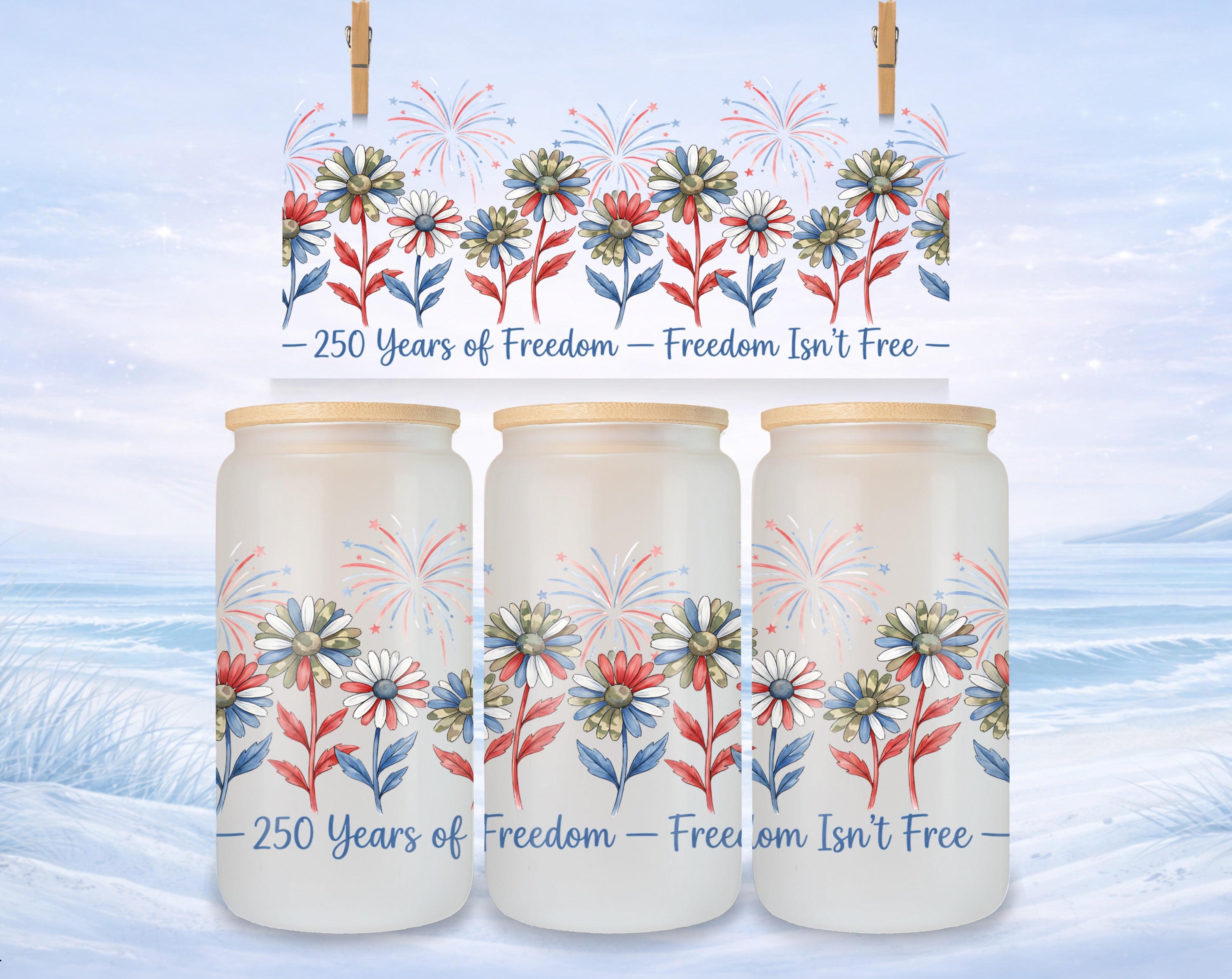 Glasses decorated with patriotic flowers and text "250 Years of Freedom".
