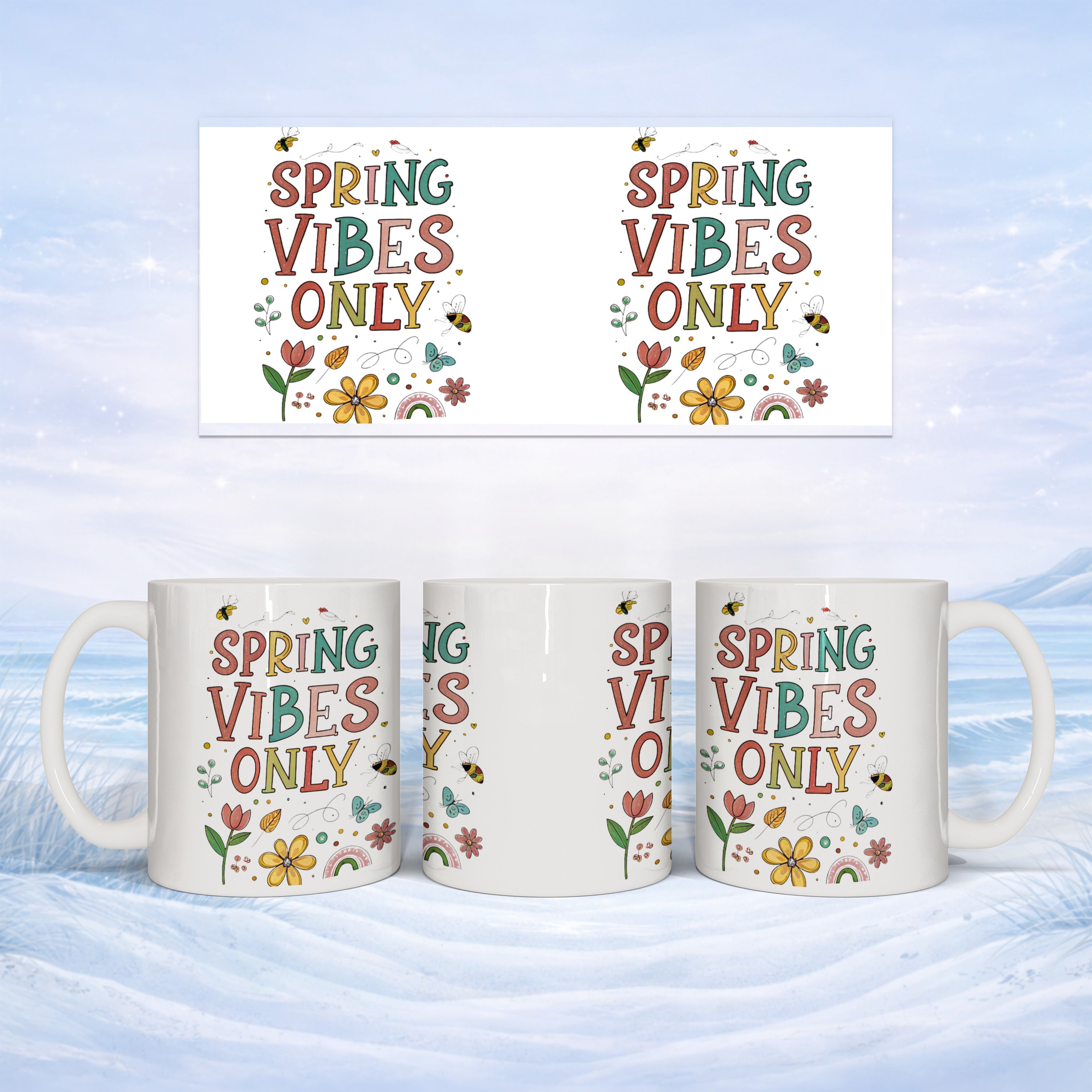 White mug with "Spring Vibes Only" design, shown with matching art.