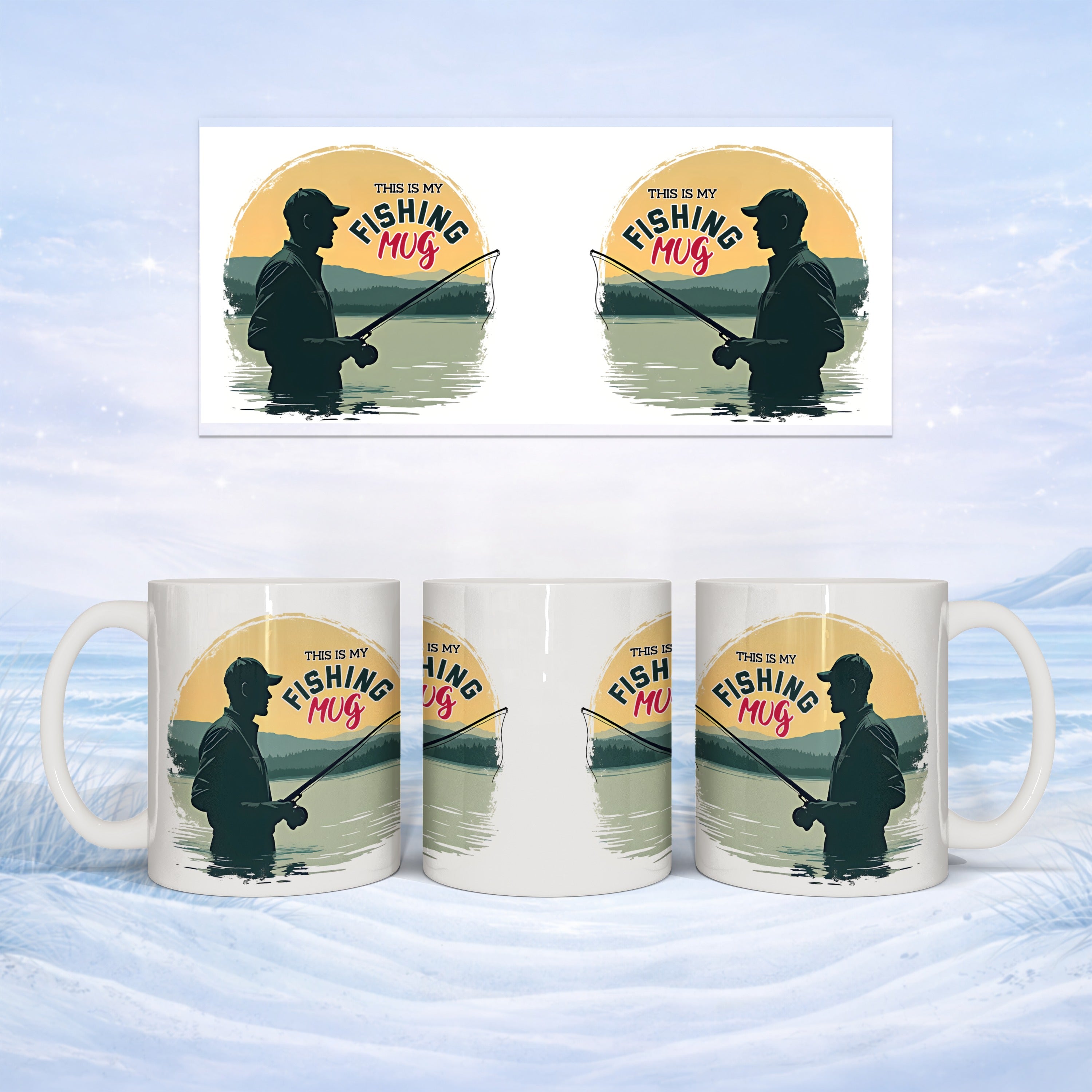 Three white mugs with a silhouette of a fisherman, "This is my fishing mug" text.