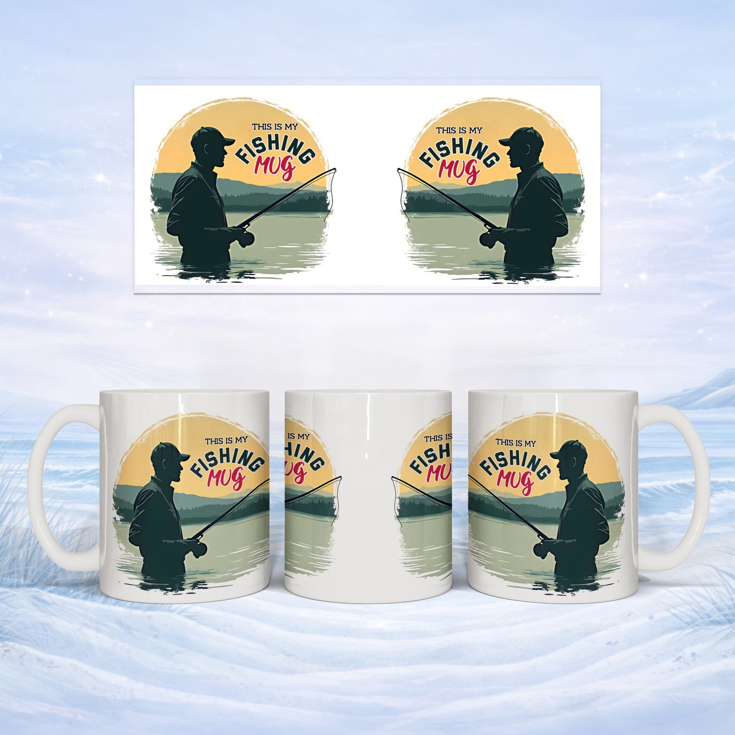 Three white mugs with a silhouette of a fisherman, "This is my fishing mug" text.