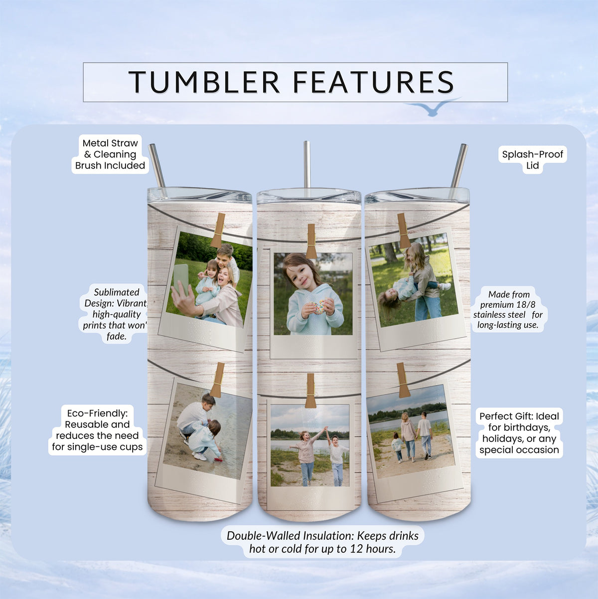 Tumbler with sublimation prints of families, metal straw, brush, and splash-proof lid.