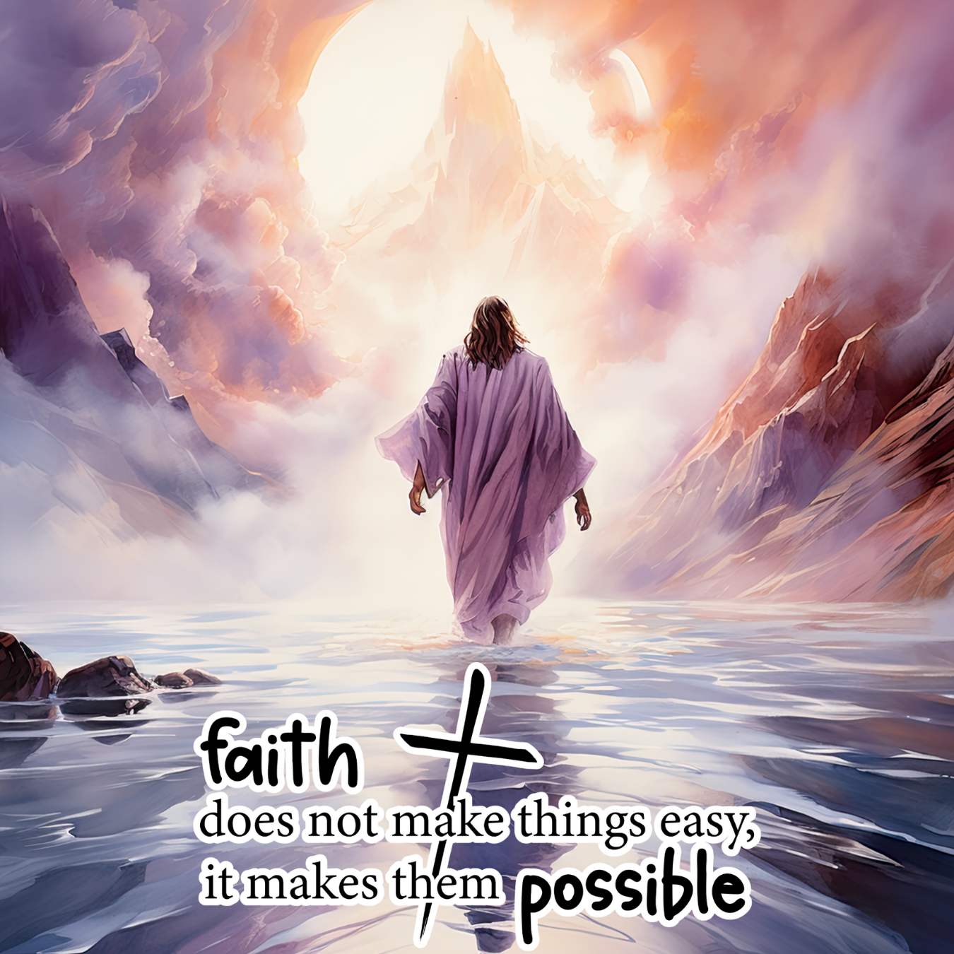 Jesus walking on water with inspirational text.