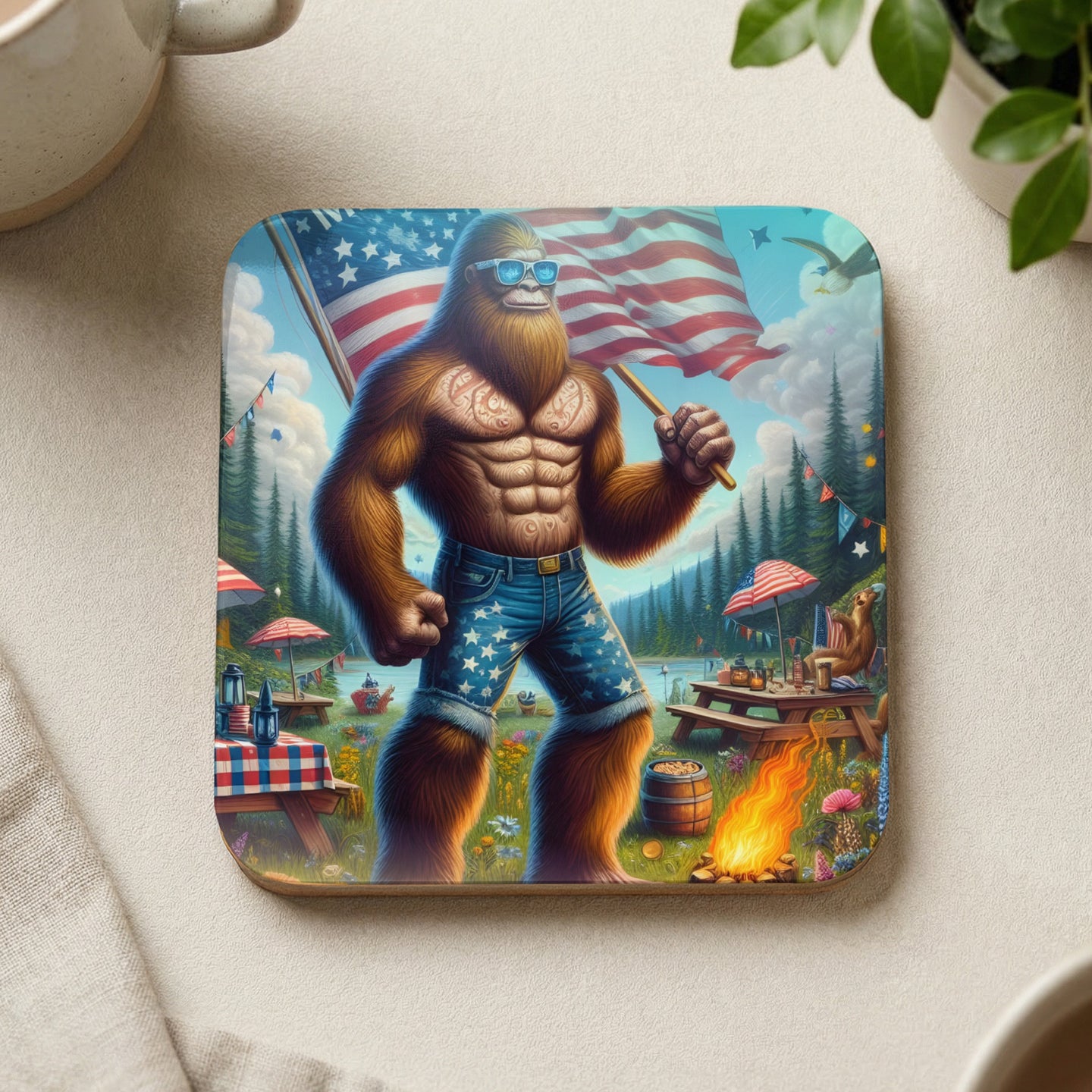 Bigfoot wearing American flag shorts and sunglasses holds a flag at a picnic.