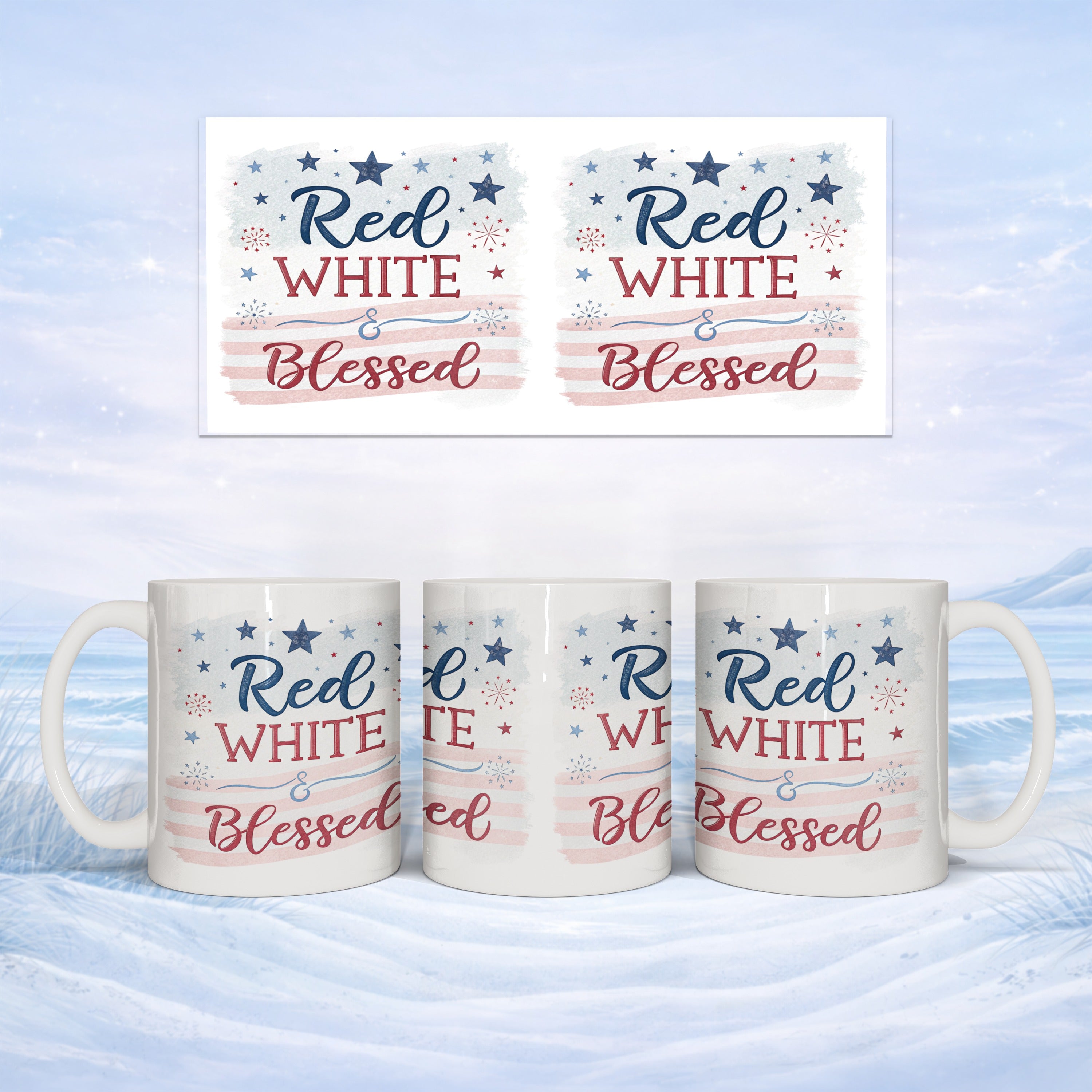 Mugs with "Red, White, & Blessed" design on a snowy background.