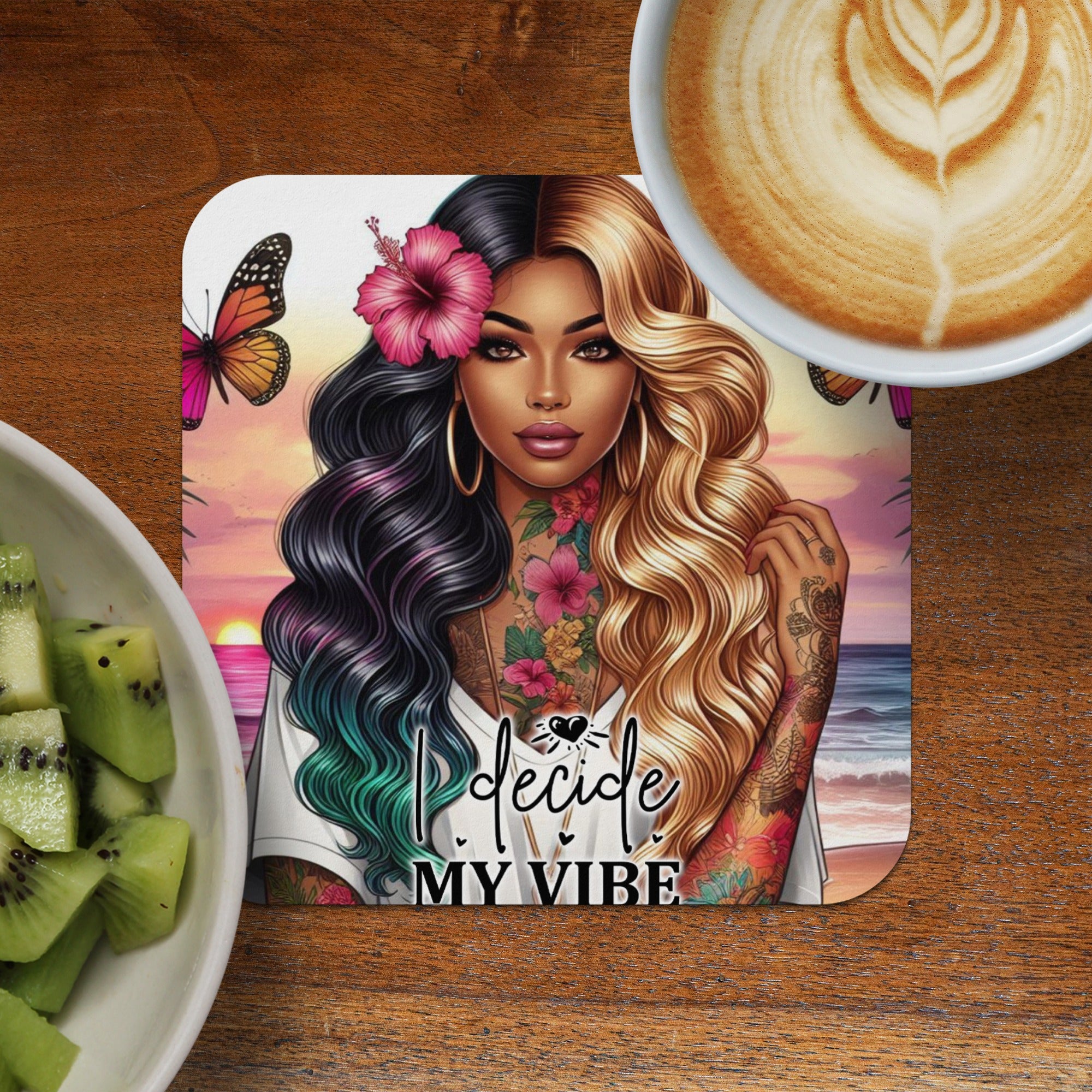 Woman with colorful hair, tattoos, and text "I decide MY VIBE".