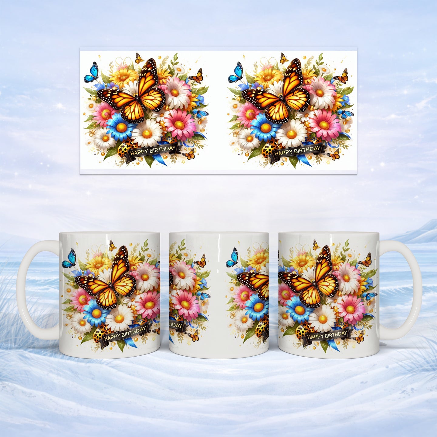 Mug with butterflies and flowers, "Happy Birthday" text.