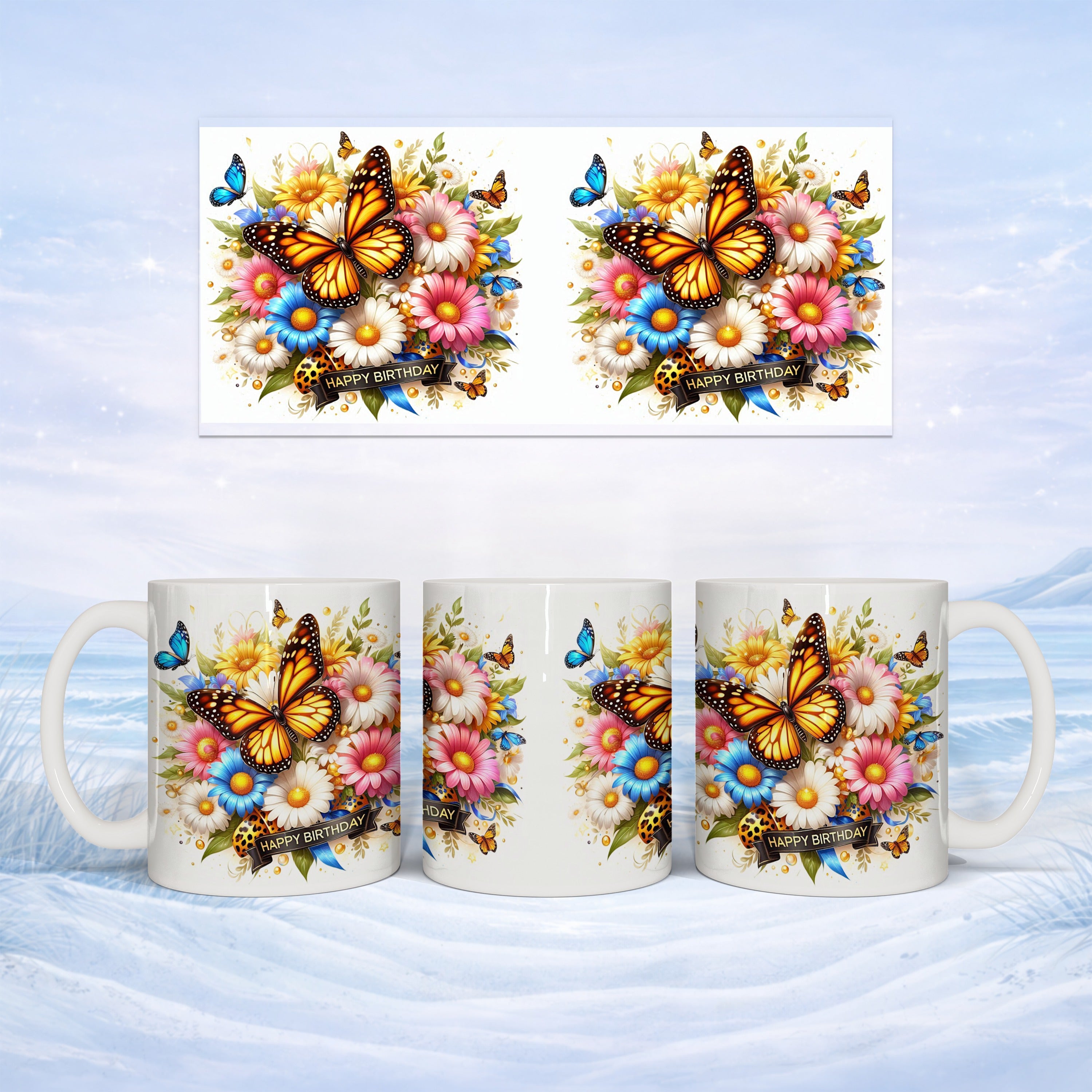 Mug with butterflies and flowers, "Happy Birthday" text.