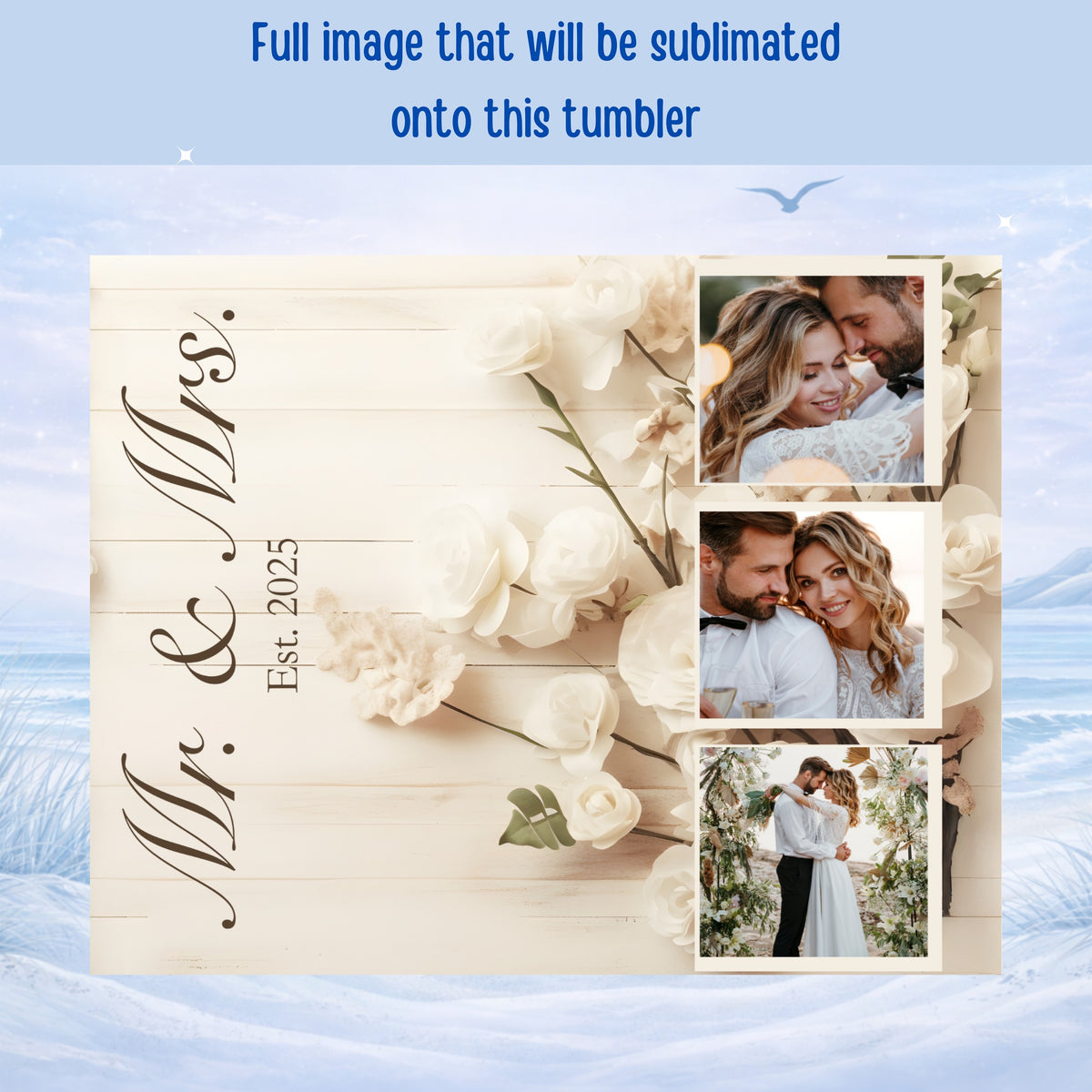 Wedding couple with "Mr. & Mrs. Est. 2025" text and floral elements.