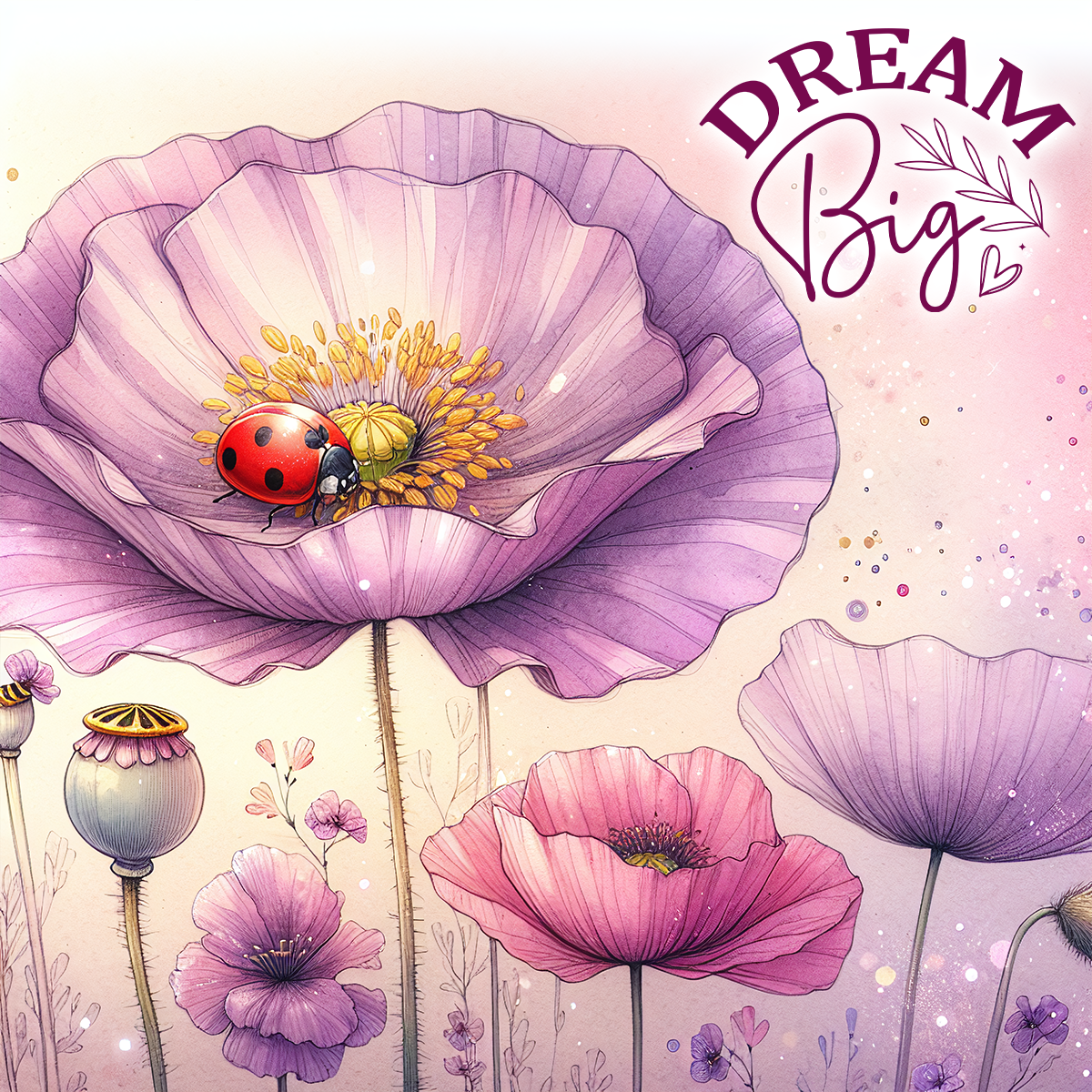 Purple and pink poppies with a ladybug and "Dream Big" text.
