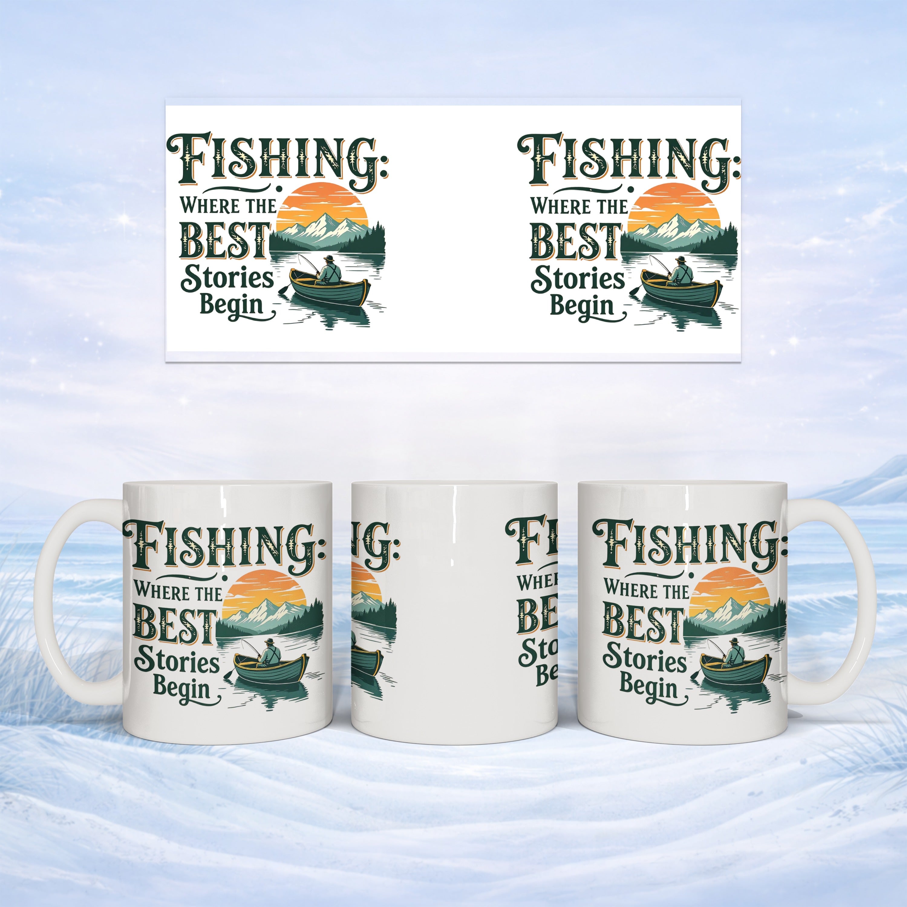 Mug with "FISHING: WHERE THE BEST STORIES BEGIN" text and a fishing boat illustration.