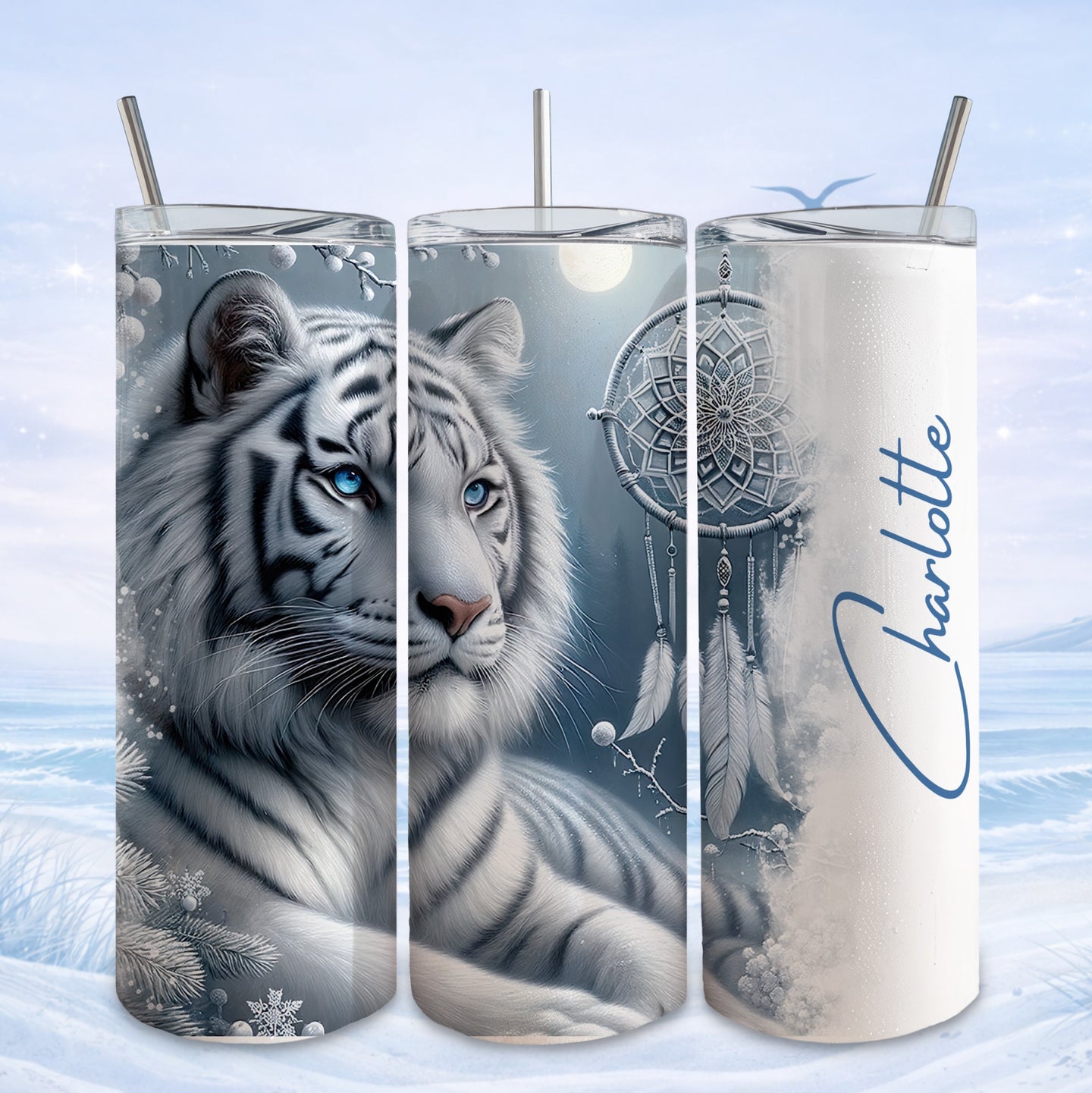 White tiger with blue eyes on a tumbler, with a dreamcatcher and "Charlotte" text.