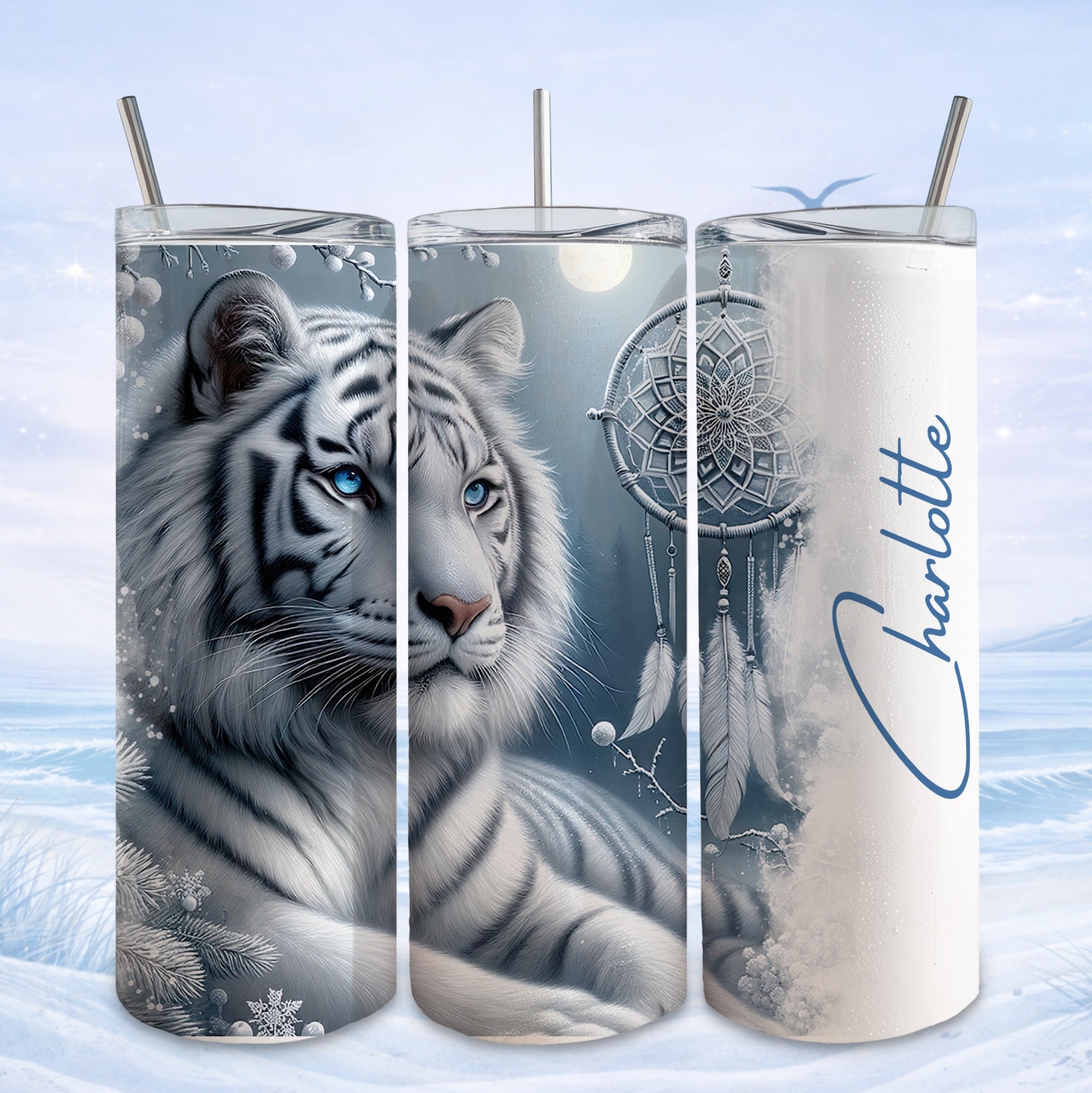 White tiger with blue eyes on a tumbler, with a dreamcatcher and "Charlotte" text.