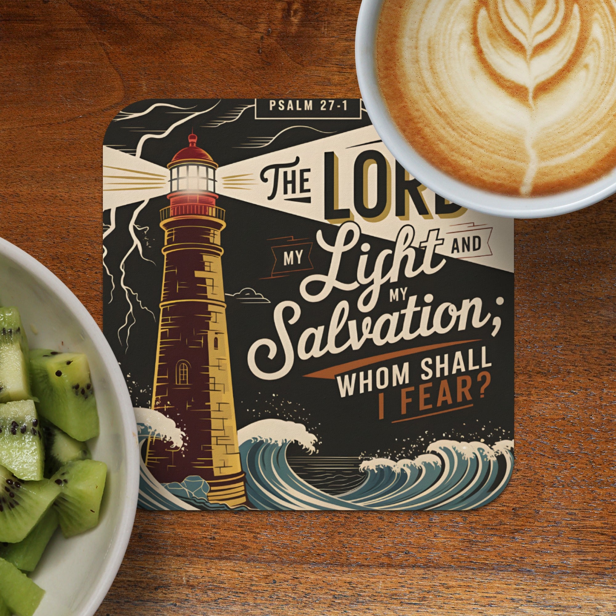 Lighthouse with "The Lord is my salvation" Bible verse and a cup of coffee.